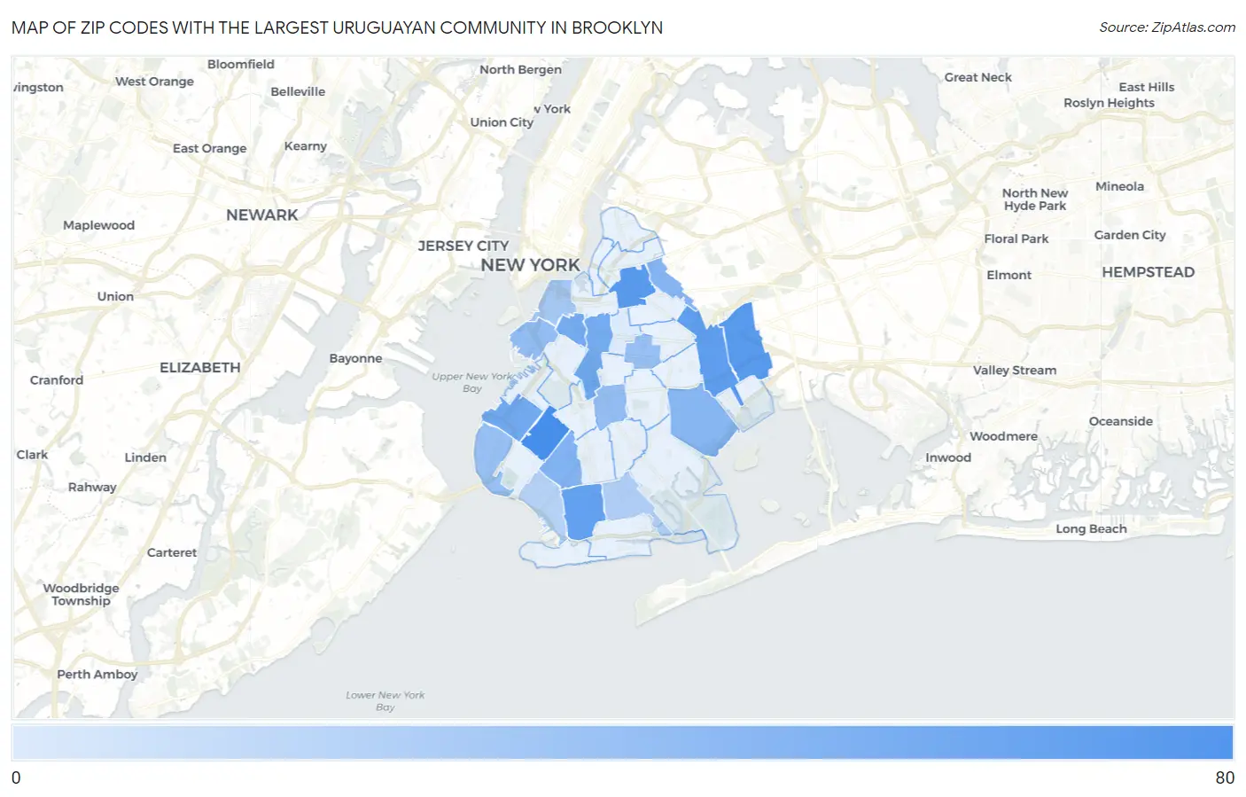 Zip Codes with the Largest Uruguayan Community in Brooklyn Map