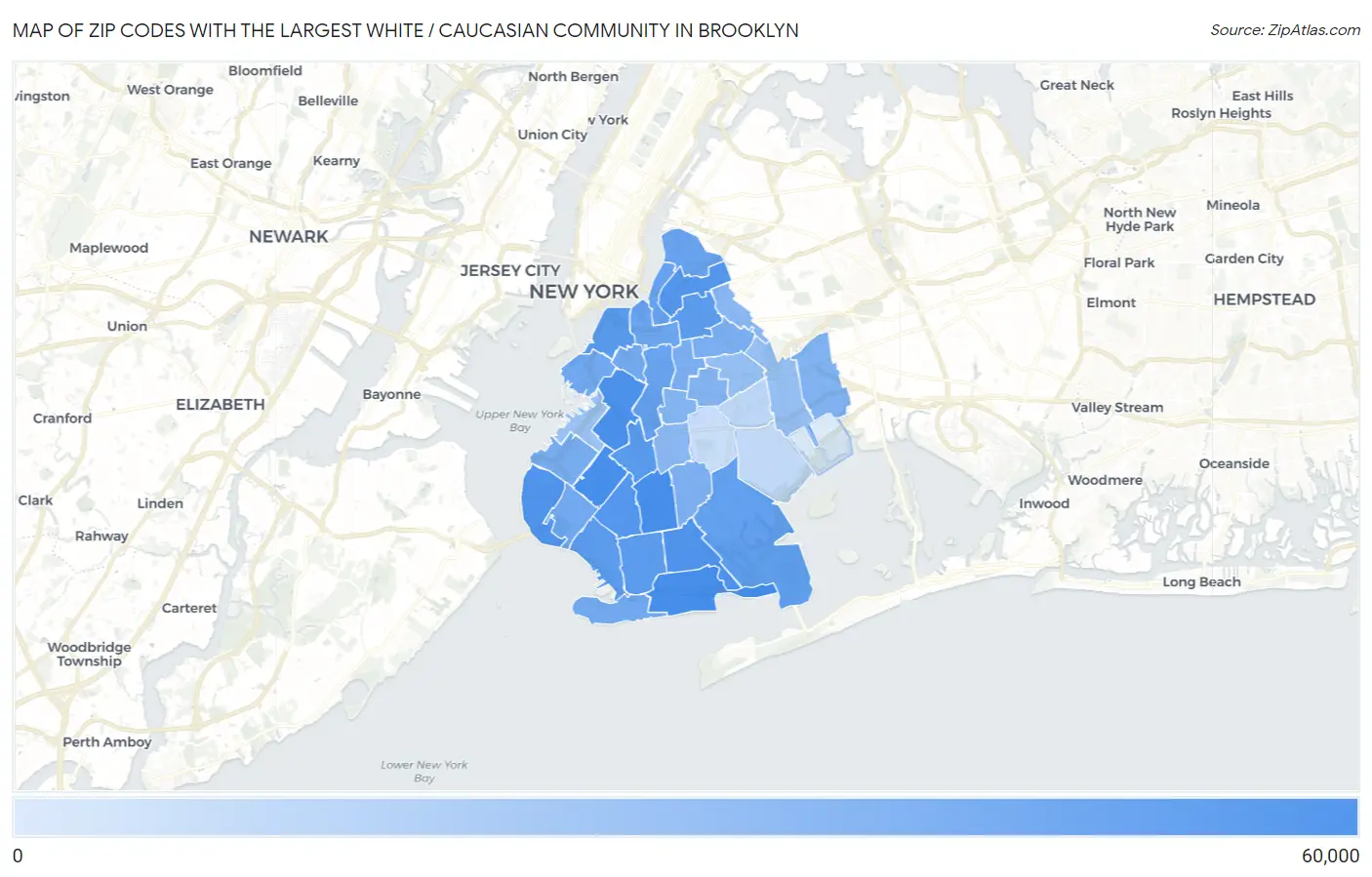 Zip Codes with the Largest White / Caucasian Community in Brooklyn Map
