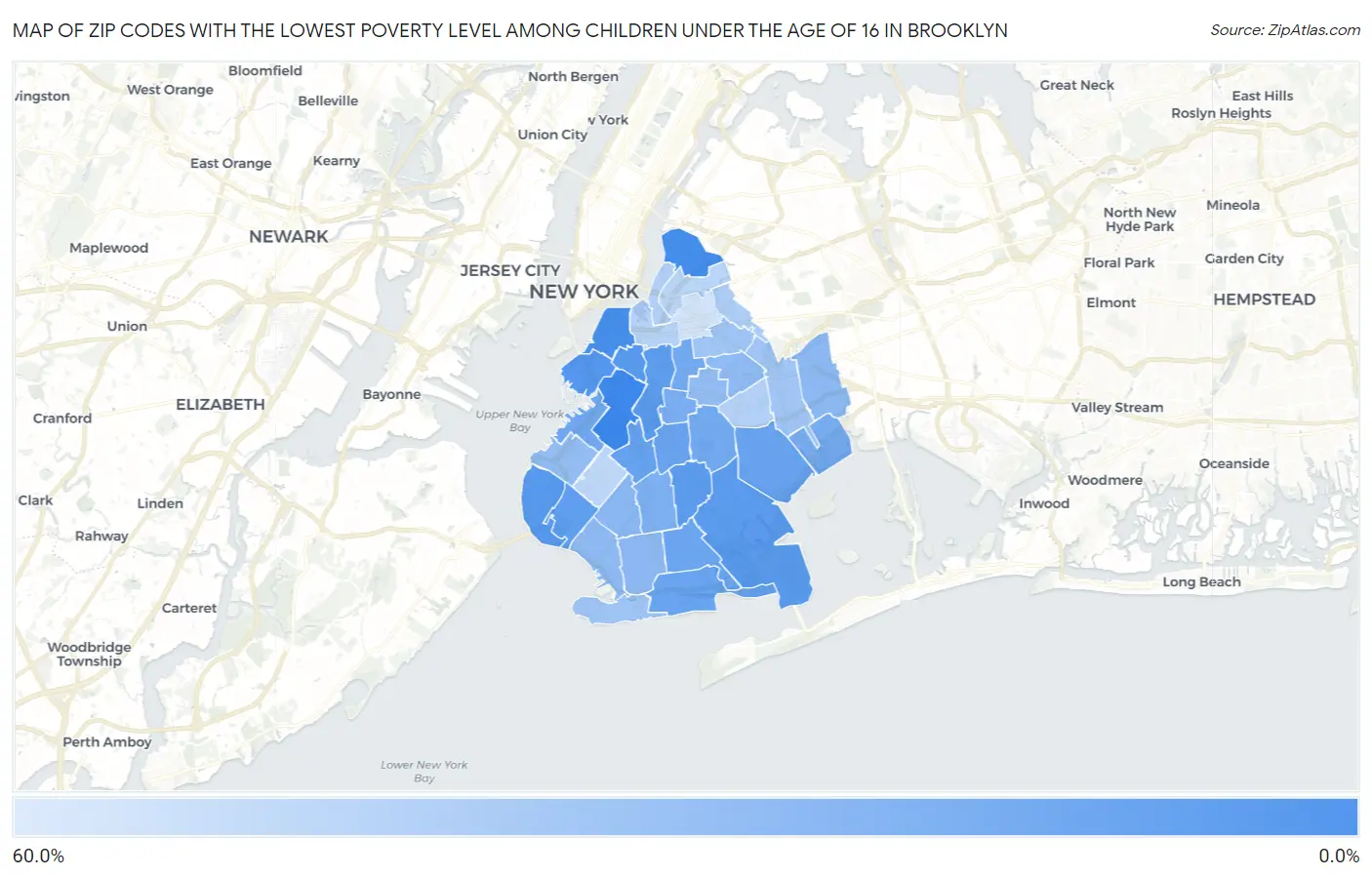 Zip Codes with the Lowest Poverty Level Among Children Under the Age of 16 in Brooklyn Map