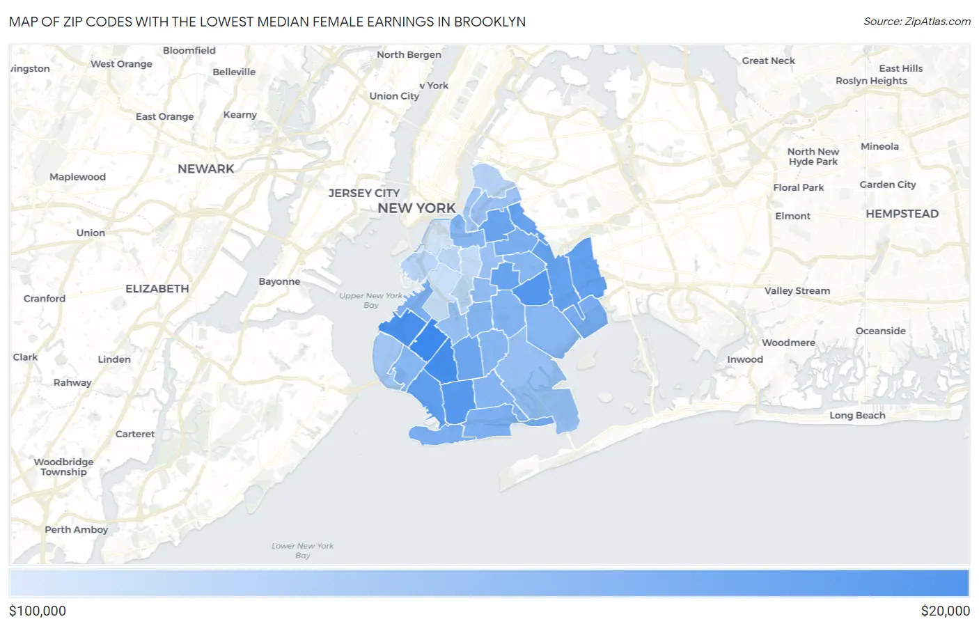Zip Codes with the Lowest Median Female Earnings in Brooklyn Map