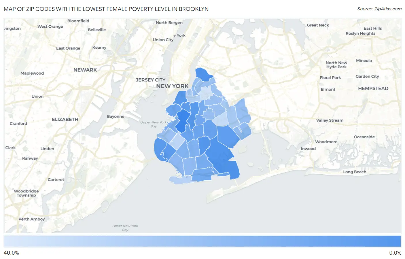 Zip Codes with the Lowest Female Poverty Level in Brooklyn Map