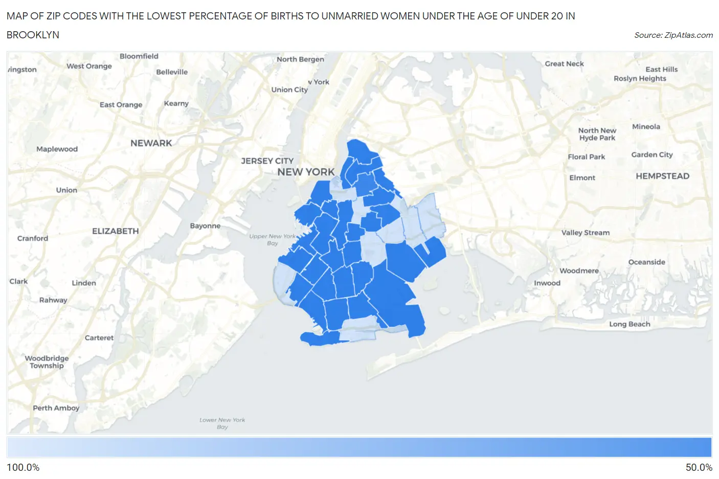 Zip Codes with the Lowest Percentage of Births to Unmarried Women under the Age of under 20 in Brooklyn Map