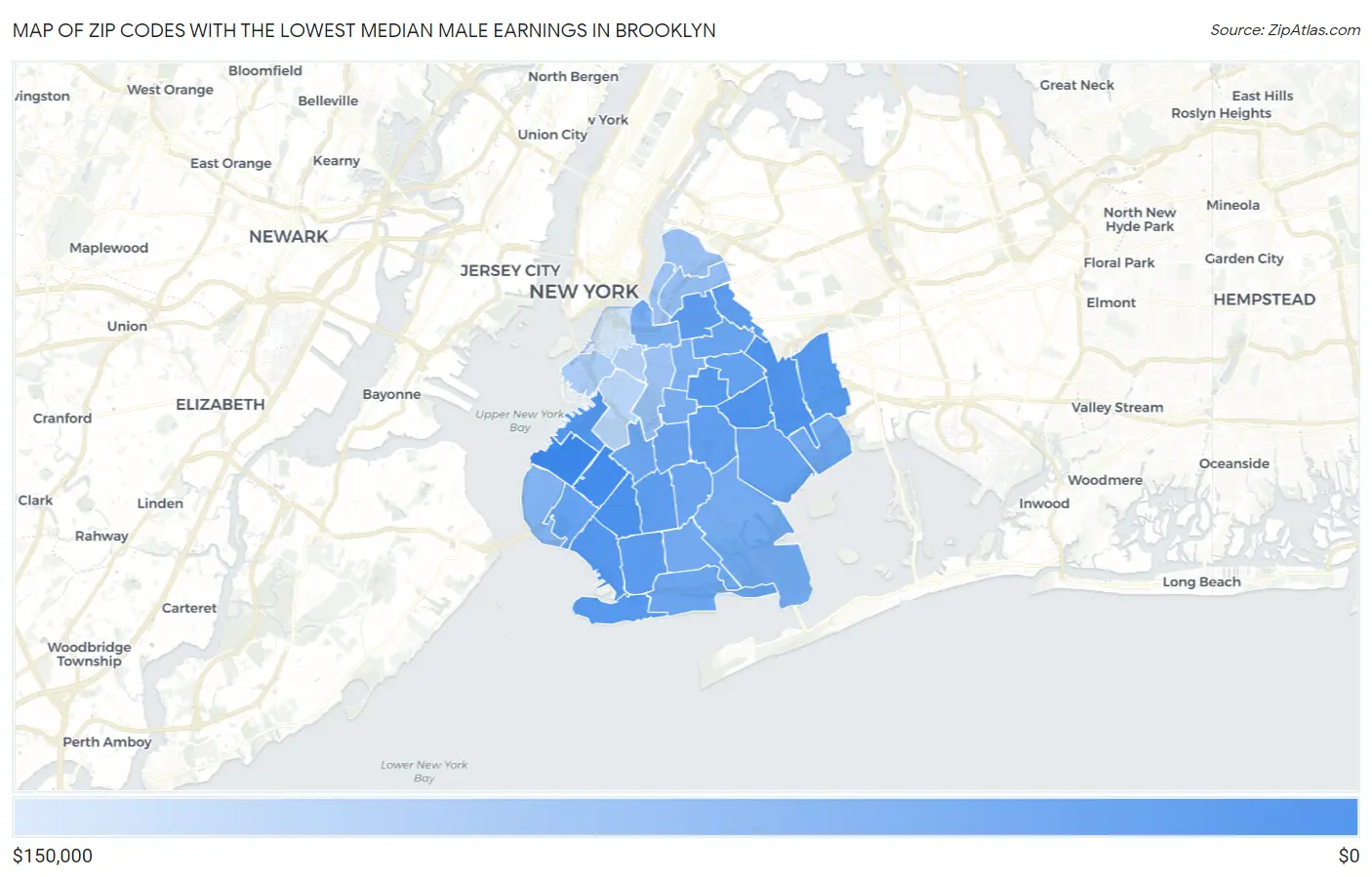 Zip Codes with the Lowest Median Male Earnings in Brooklyn Map