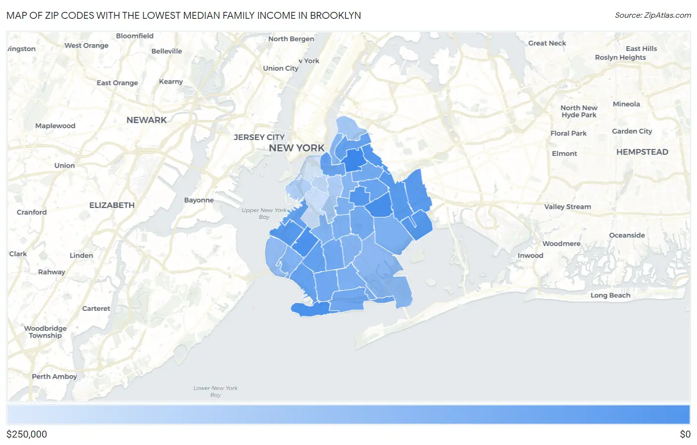 Zip Codes with the Lowest Median Family Income in Brooklyn Map