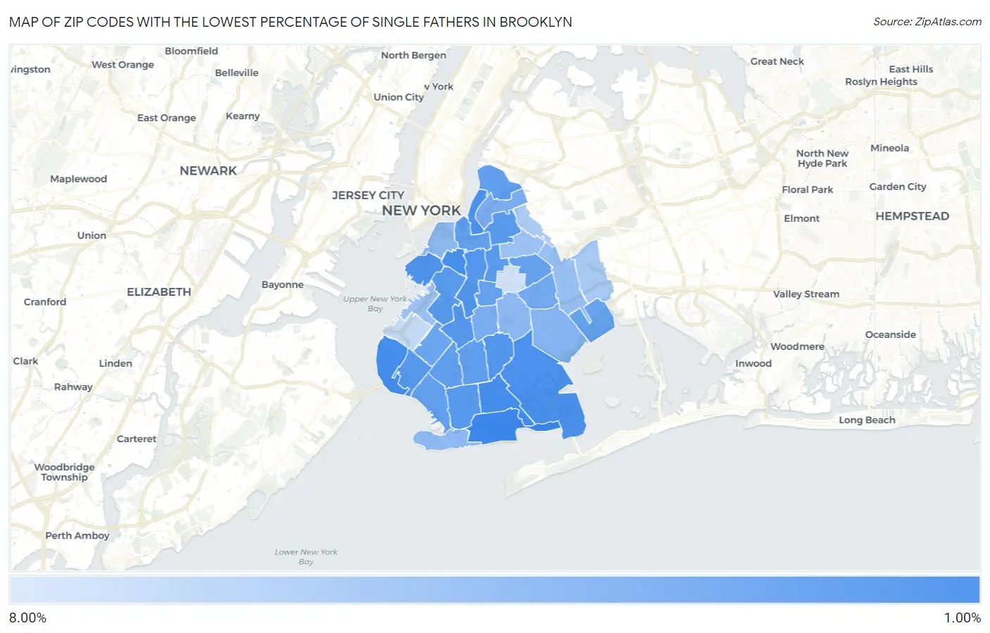 Zip Codes with the Lowest Percentage of Single Fathers in Brooklyn Map