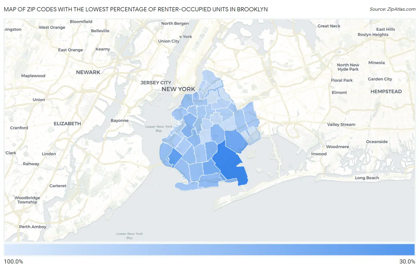 Zip Codes with the Lowest Percentage of Renter-Occupied Units in Brooklyn Map