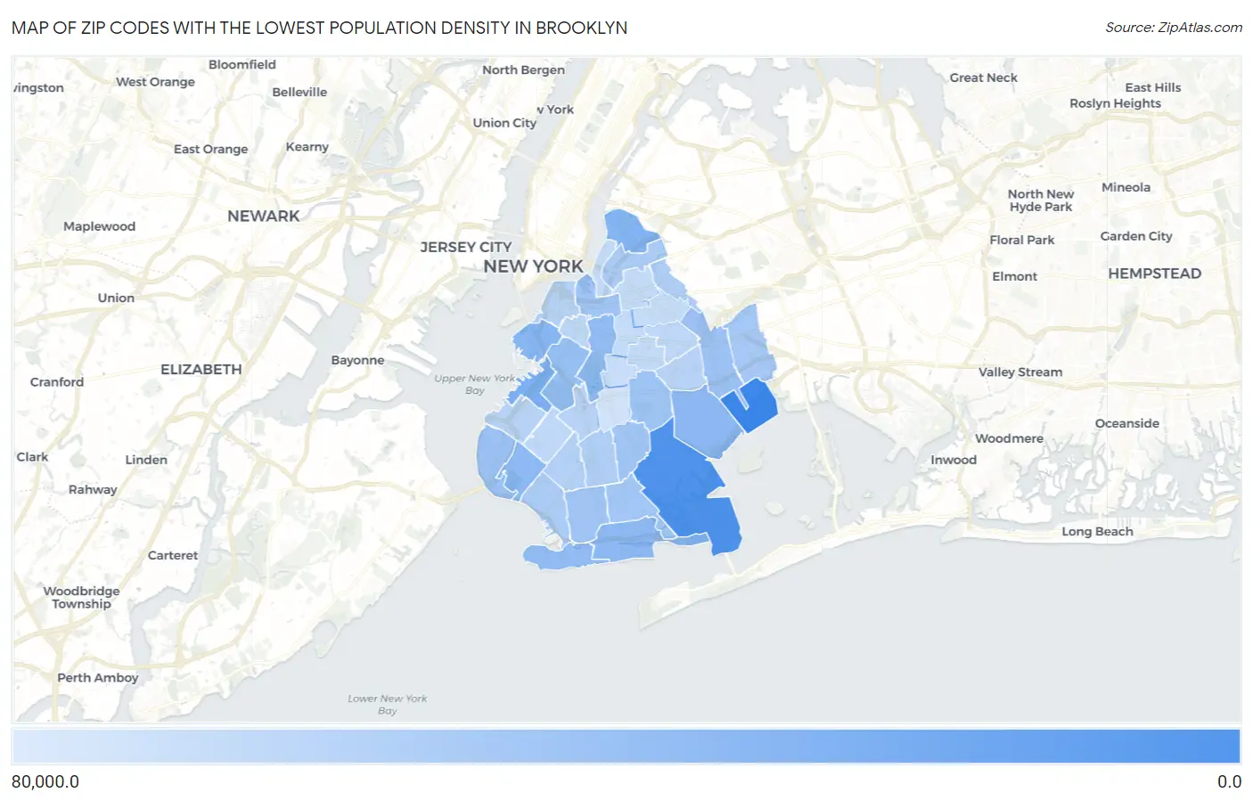 Zip Codes with the Lowest Population Density in Brooklyn Map