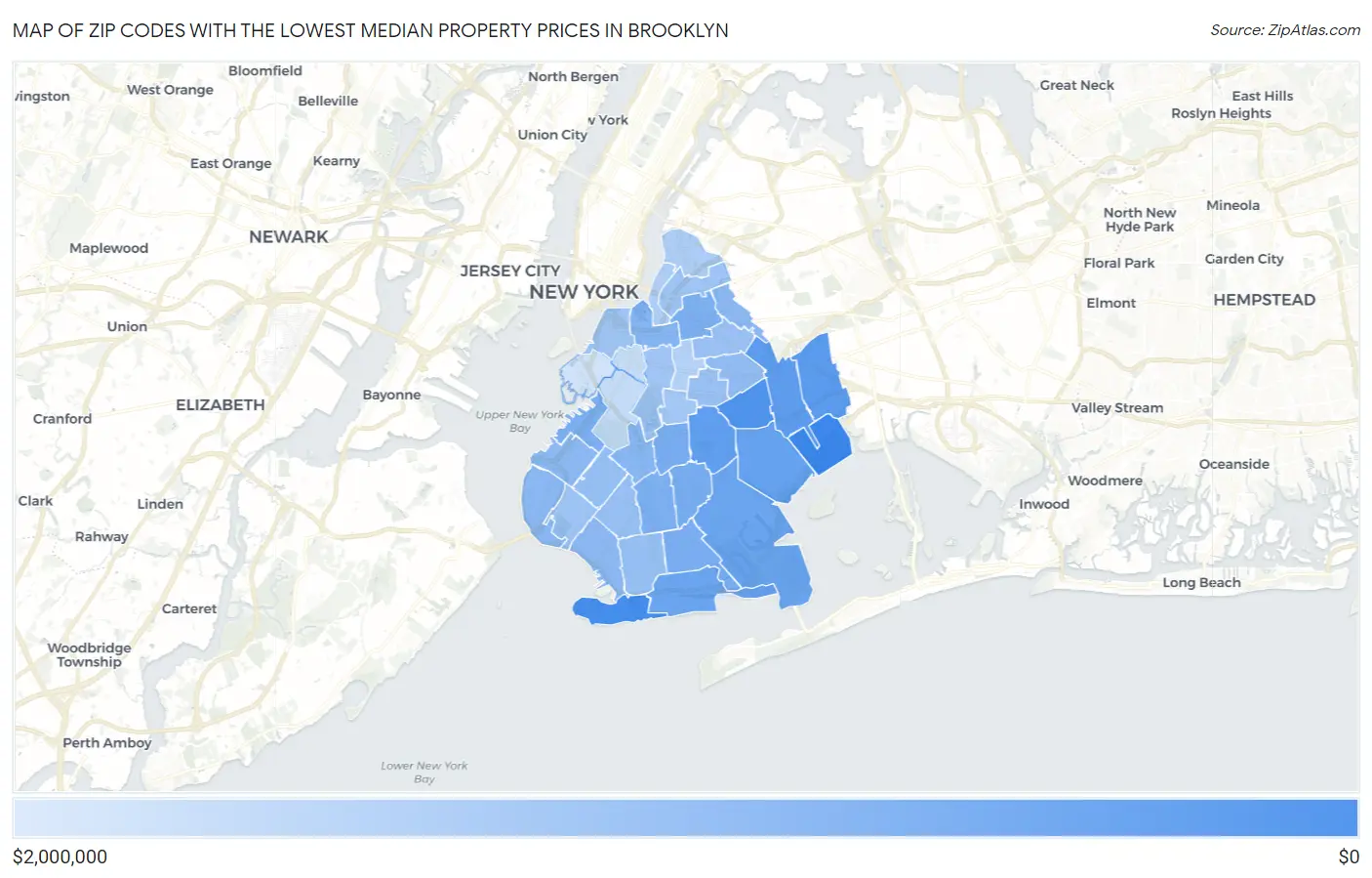Zip Codes with the Lowest Median Property Prices in Brooklyn Map