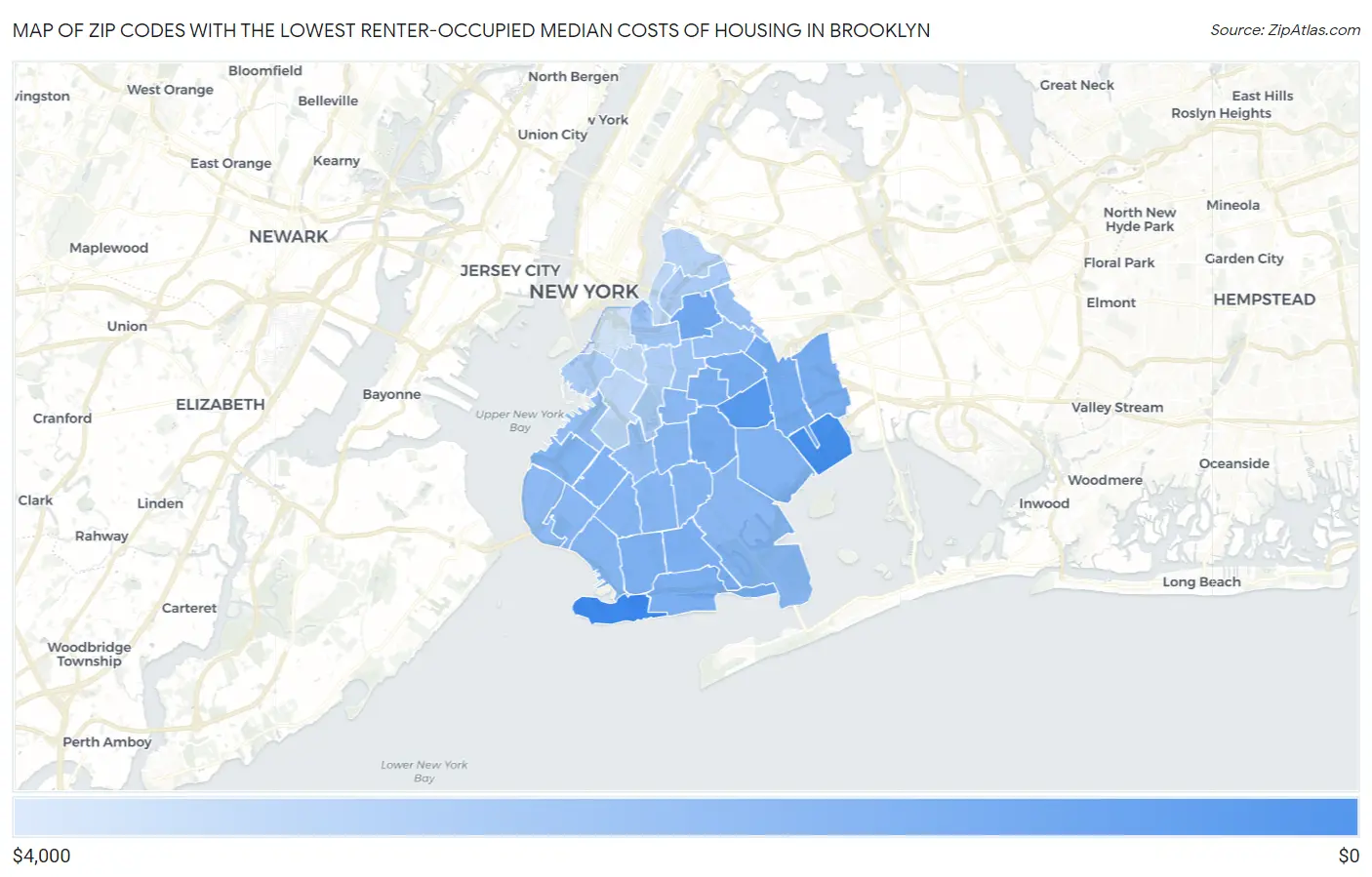 Zip Codes with the Lowest Renter-Occupied Median Costs of Housing in Brooklyn Map