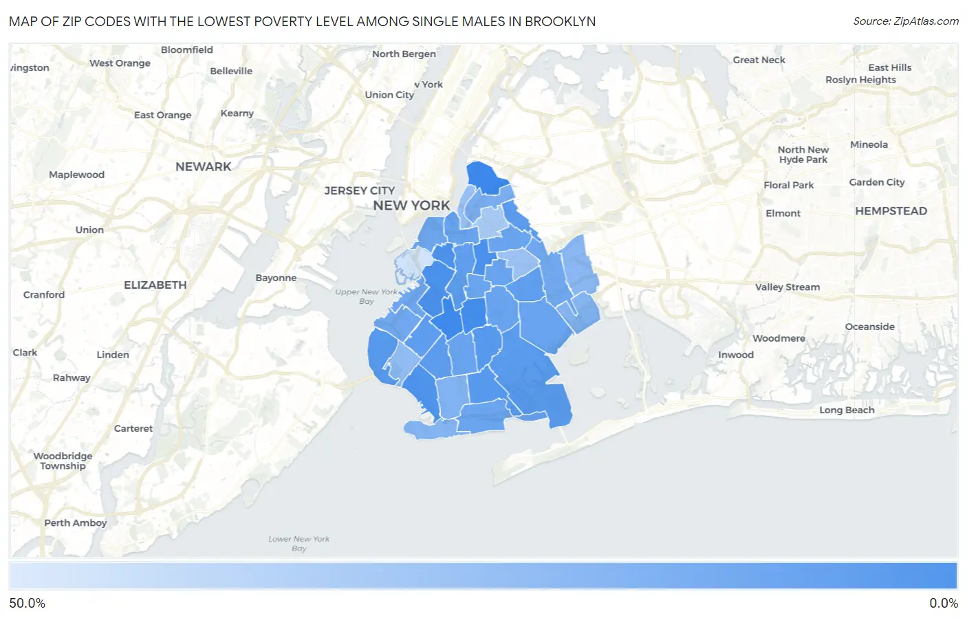 Zip Codes with the Lowest Poverty Level Among Single Males in Brooklyn Map