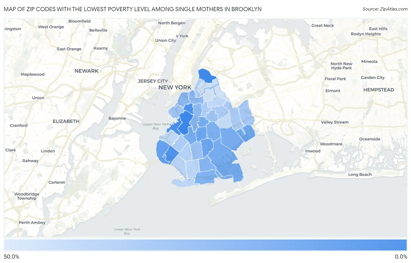 Zip Codes with the Lowest Poverty Level Among Single Mothers in Brooklyn Map