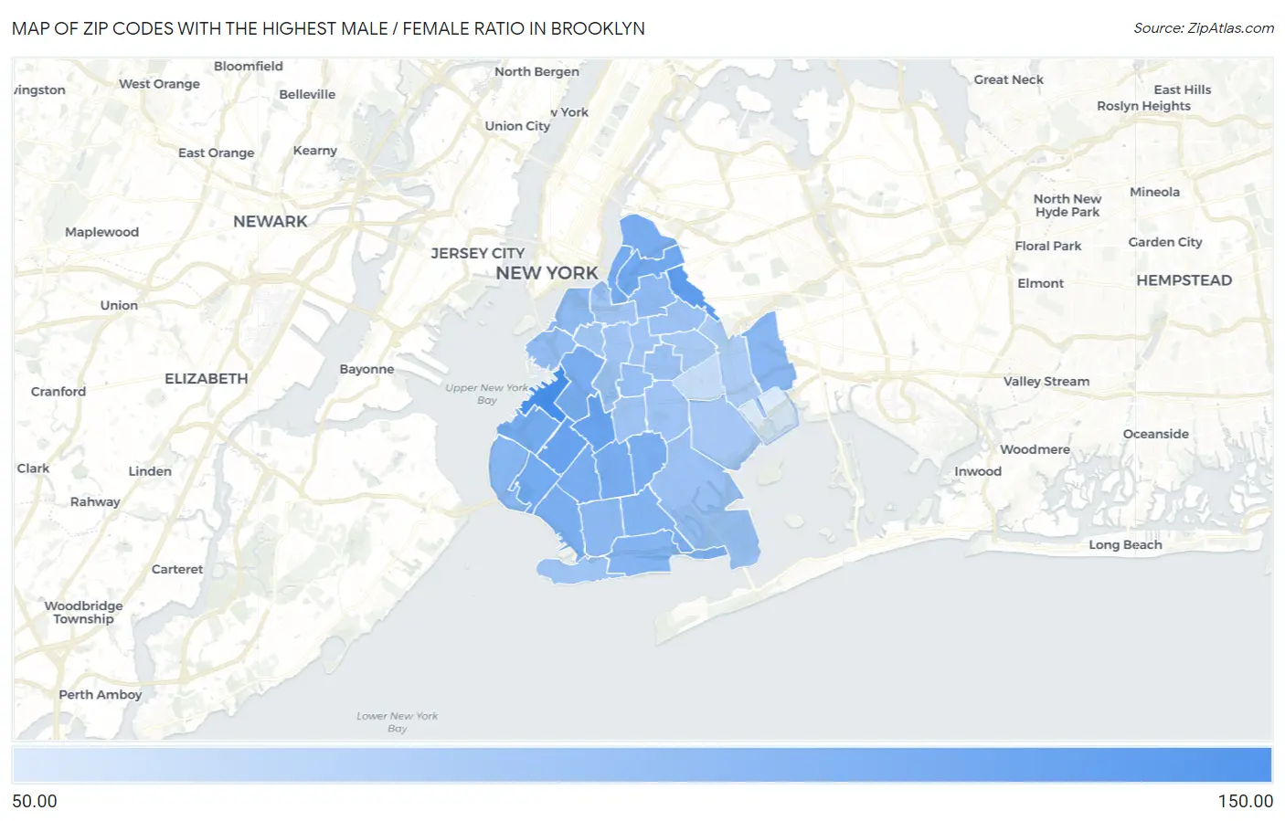 Zip Codes with the Highest Male / Female Ratio in Brooklyn Map
