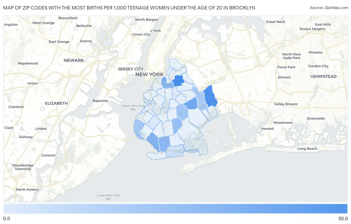 Zip Codes with the Most Births per 1,000 Teenage Women Under the Age of 20 in Brooklyn Map