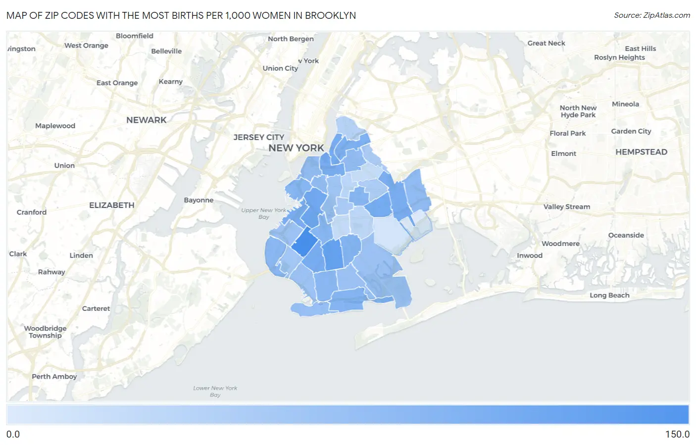 Zip Codes with the Most Births per 1,000 Women in Brooklyn Map