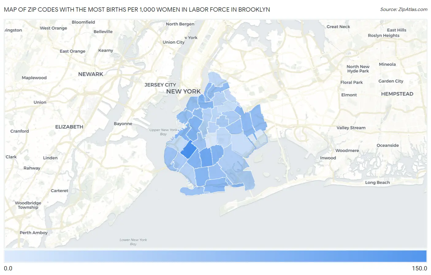 Zip Codes with the Most Births per 1,000 Women in Labor Force in Brooklyn Map