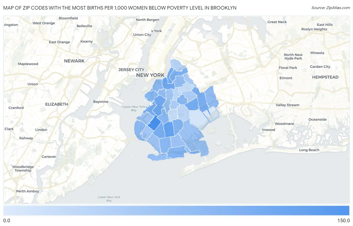 Zip Codes with the Most Births per 1,000 Women Below Poverty Level in Brooklyn Map