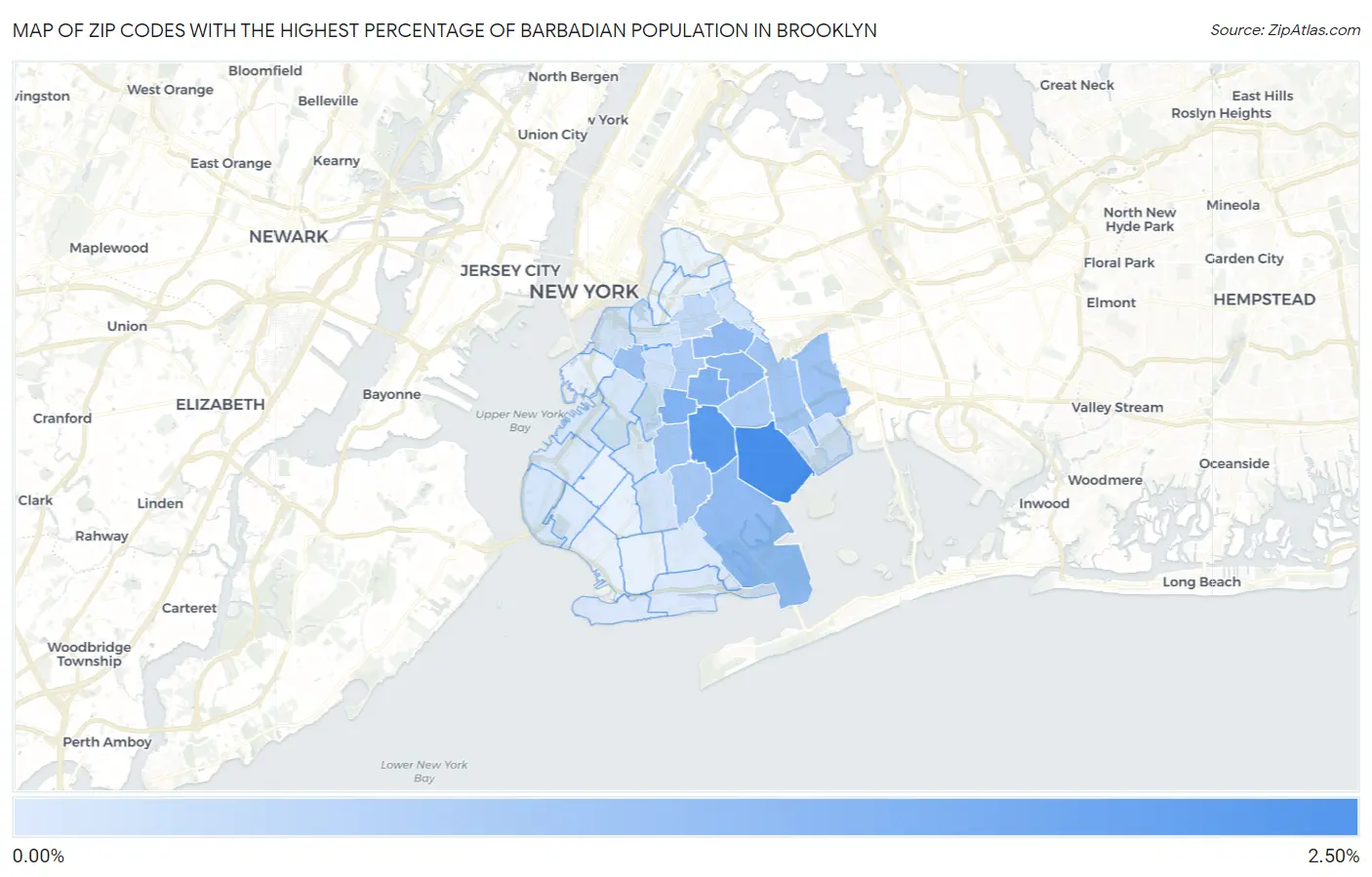 Zip Codes with the Highest Percentage of Barbadian Population in Brooklyn Map