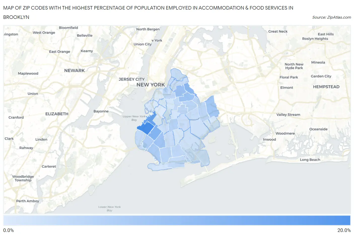 Zip Codes with the Highest Percentage of Population Employed in Accommodation & Food Services in Brooklyn Map