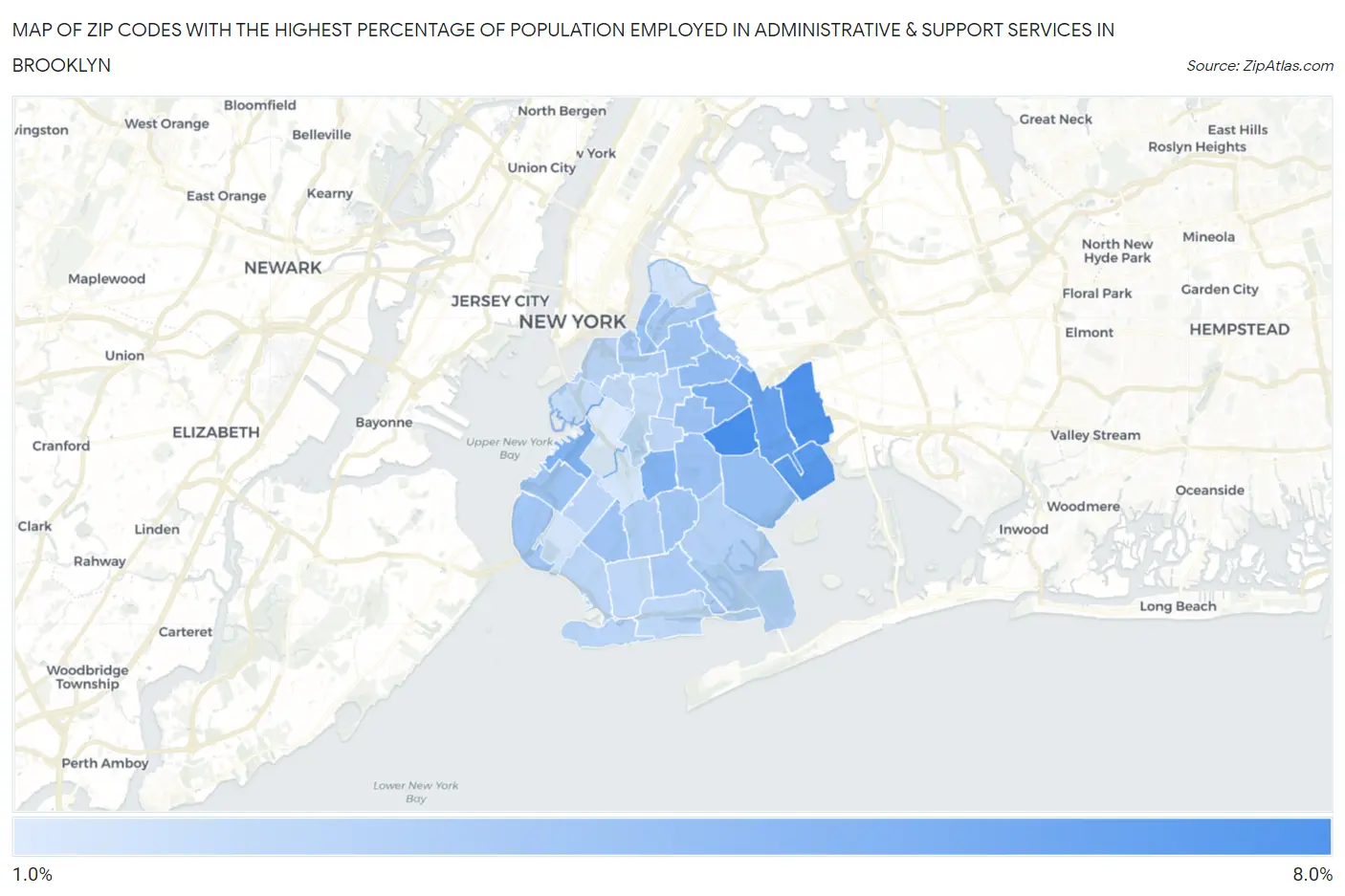 Zip Codes with the Highest Percentage of Population Employed in Administrative & Support Services in Brooklyn Map
