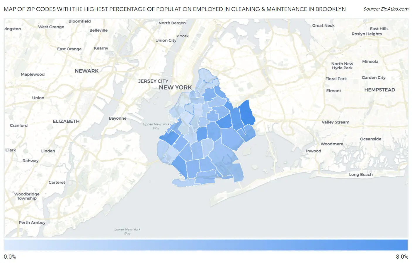 Zip Codes with the Highest Percentage of Population Employed in Cleaning & Maintenance in Brooklyn Map