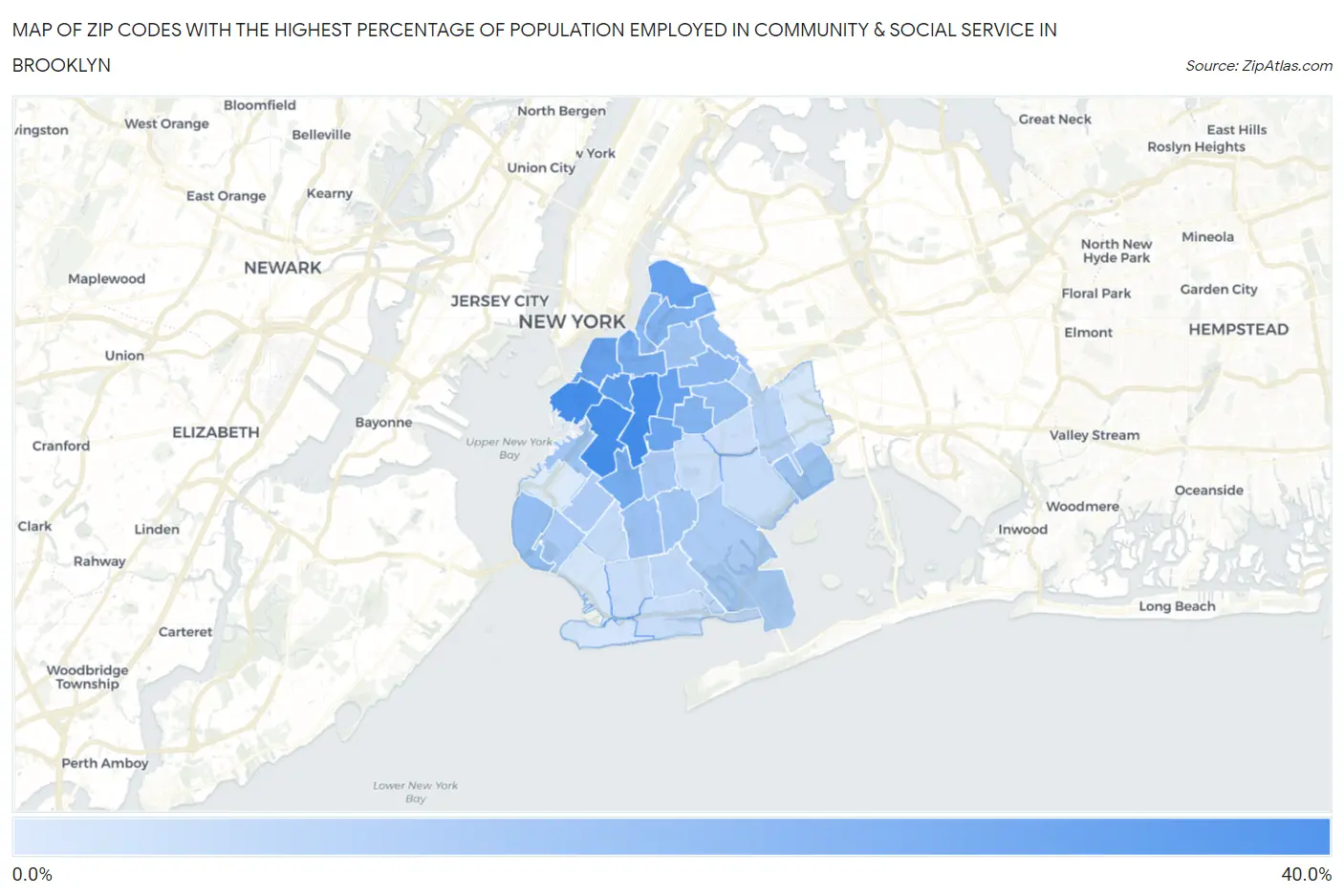 Zip Codes with the Highest Percentage of Population Employed in Community & Social Service  in Brooklyn Map