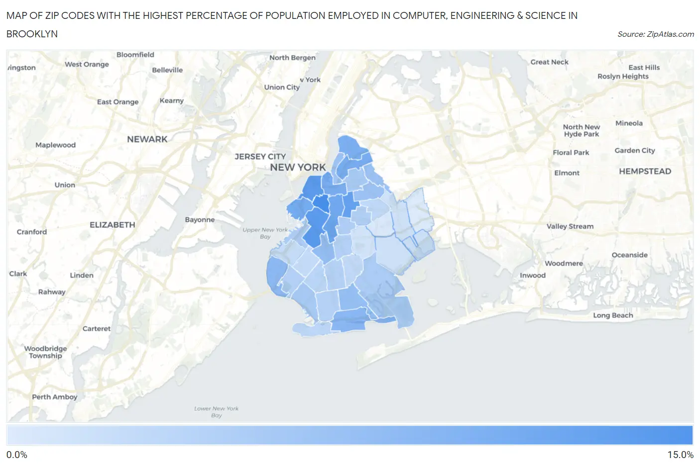 Zip Codes with the Highest Percentage of Population Employed in Computer, Engineering & Science in Brooklyn Map