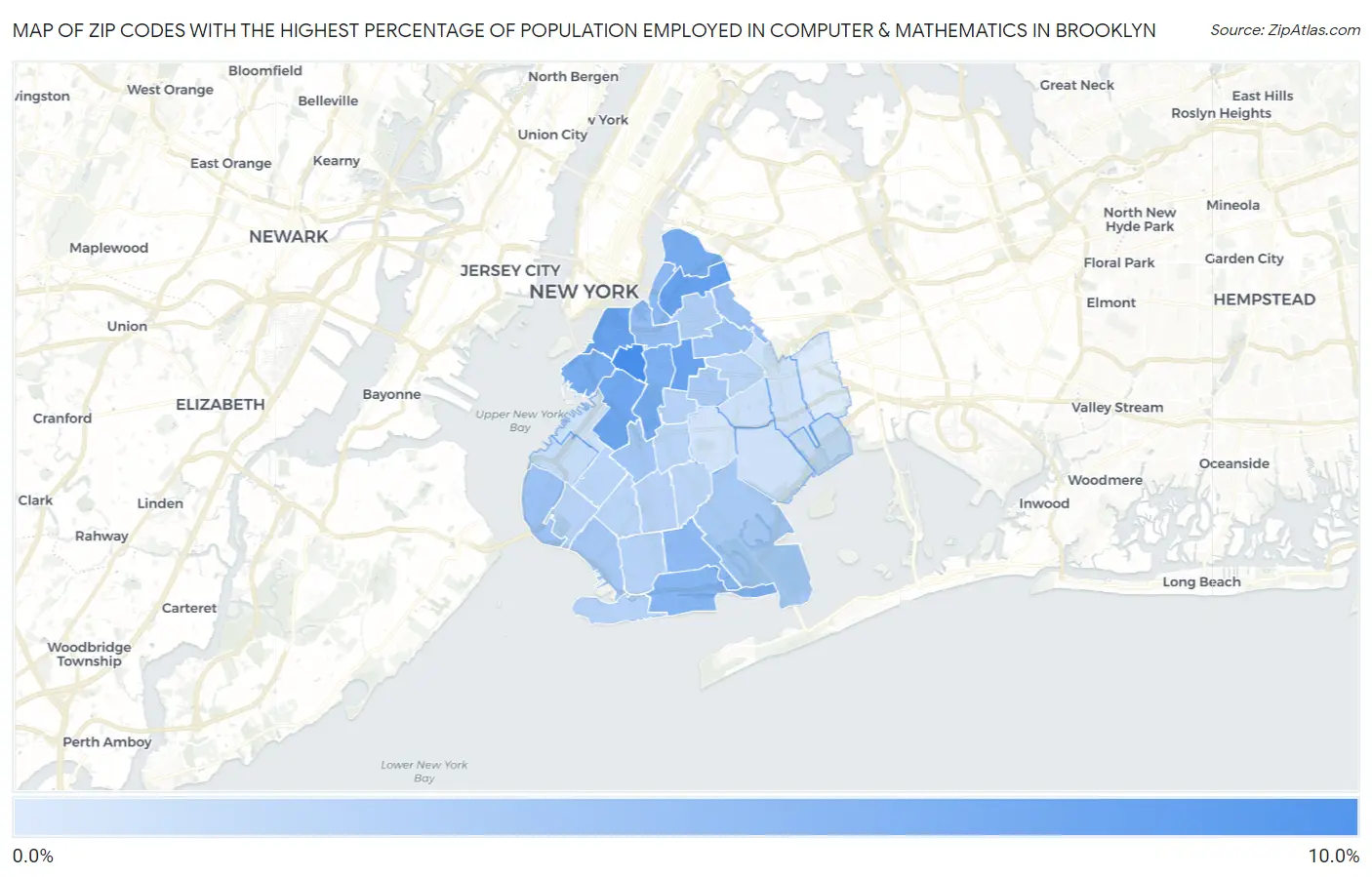 Zip Codes with the Highest Percentage of Population Employed in Computer & Mathematics in Brooklyn Map