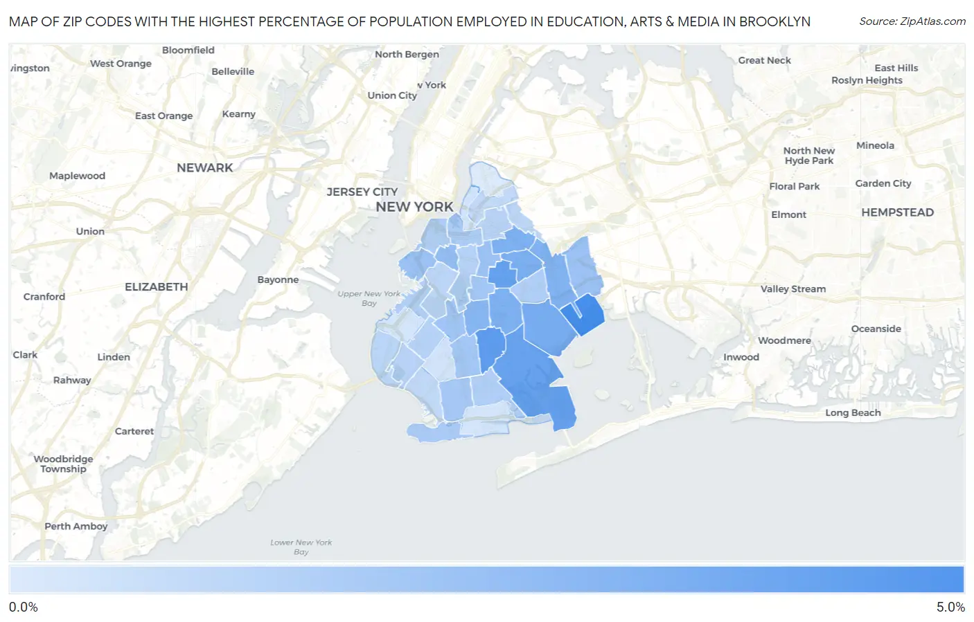 Zip Codes with the Highest Percentage of Population Employed in Education, Arts & Media in Brooklyn Map