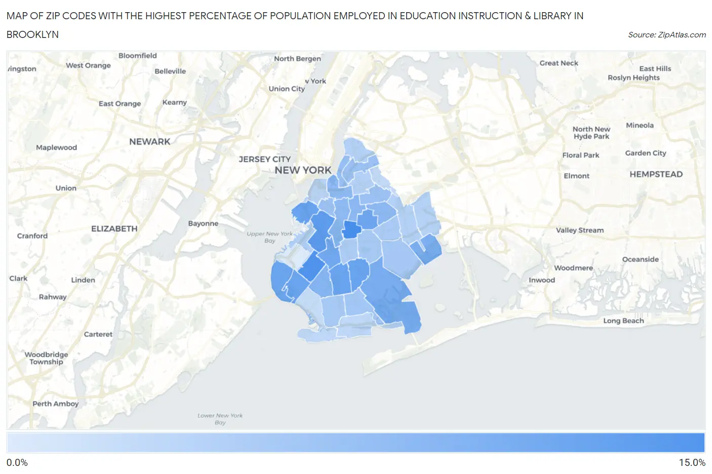 Zip Codes with the Highest Percentage of Population Employed in Education Instruction & Library in Brooklyn Map