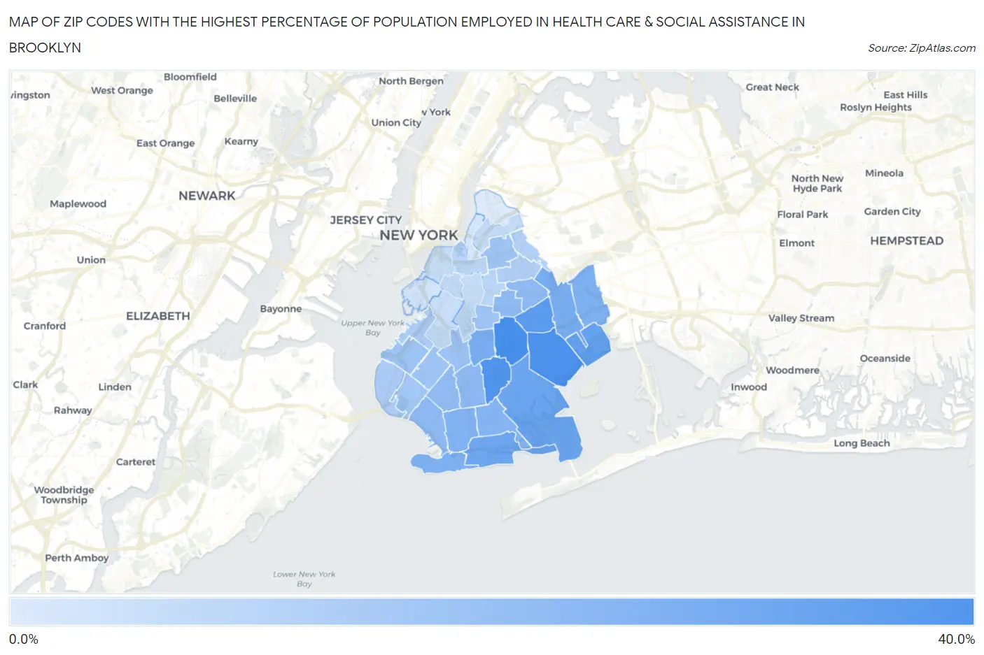 Zip Codes with the Highest Percentage of Population Employed in Health Care & Social Assistance in Brooklyn Map