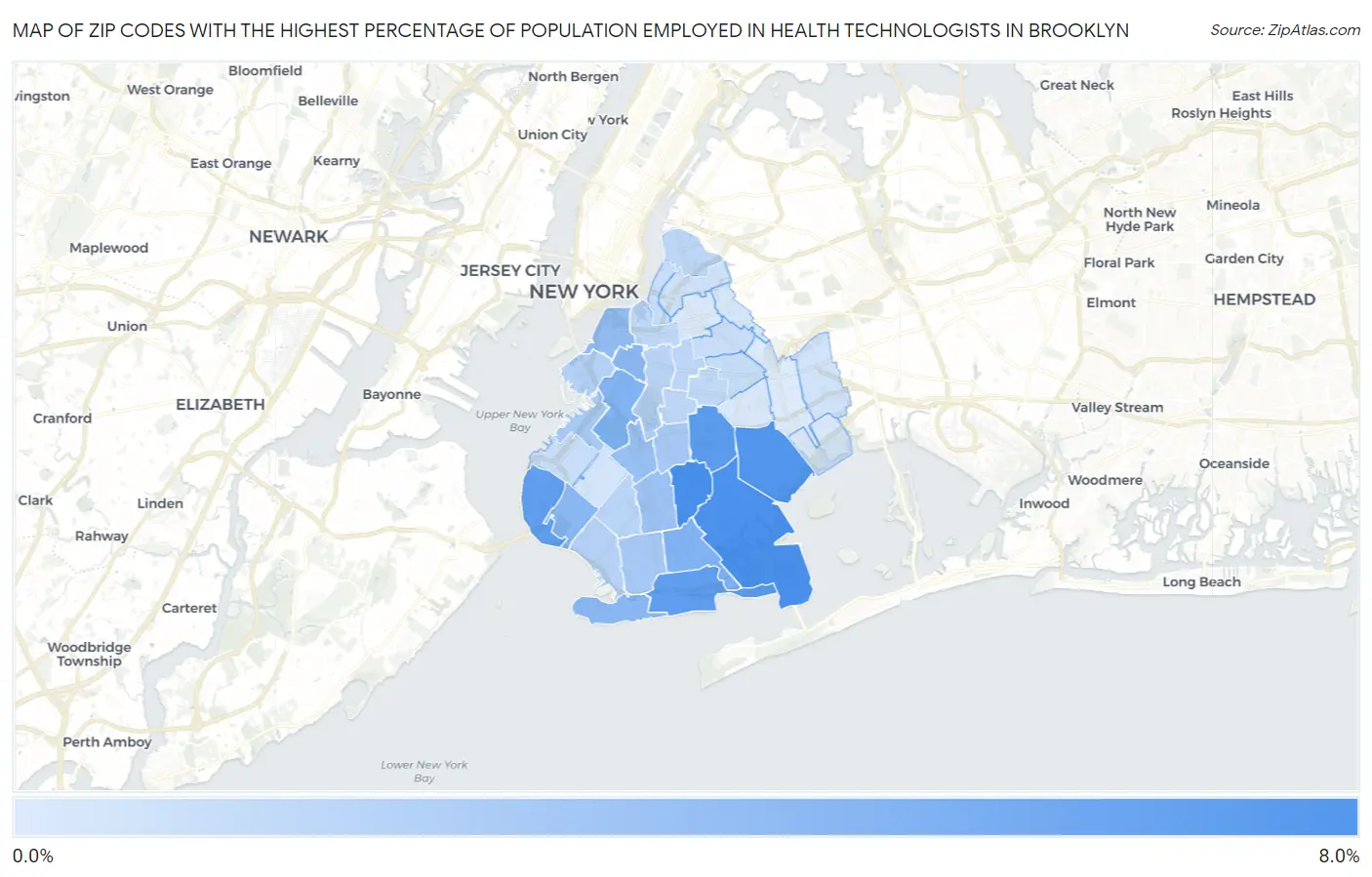 Zip Codes with the Highest Percentage of Population Employed in Health Technologists in Brooklyn Map