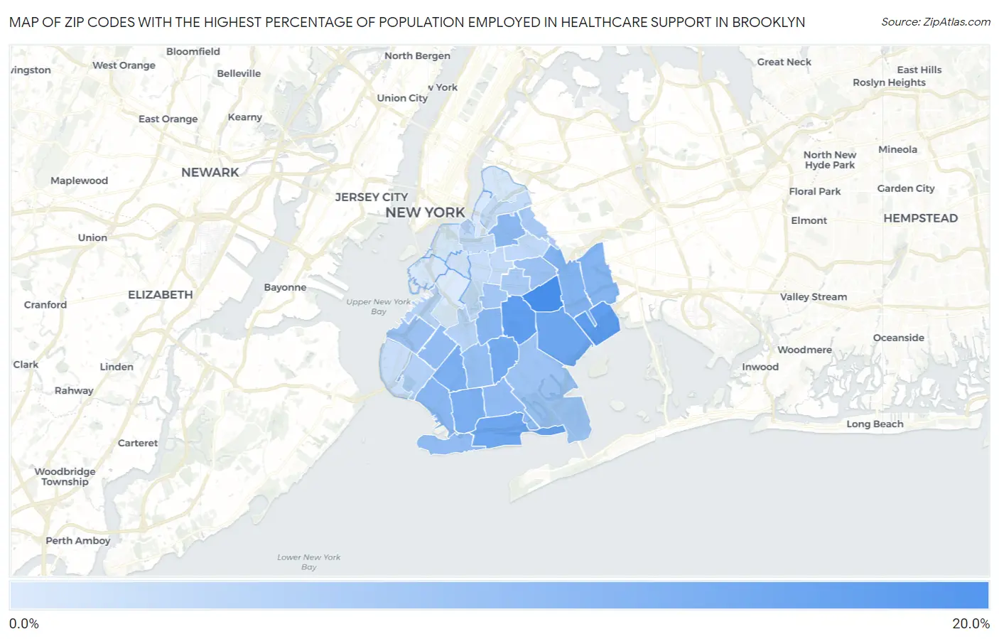 Zip Codes with the Highest Percentage of Population Employed in Healthcare Support in Brooklyn Map
