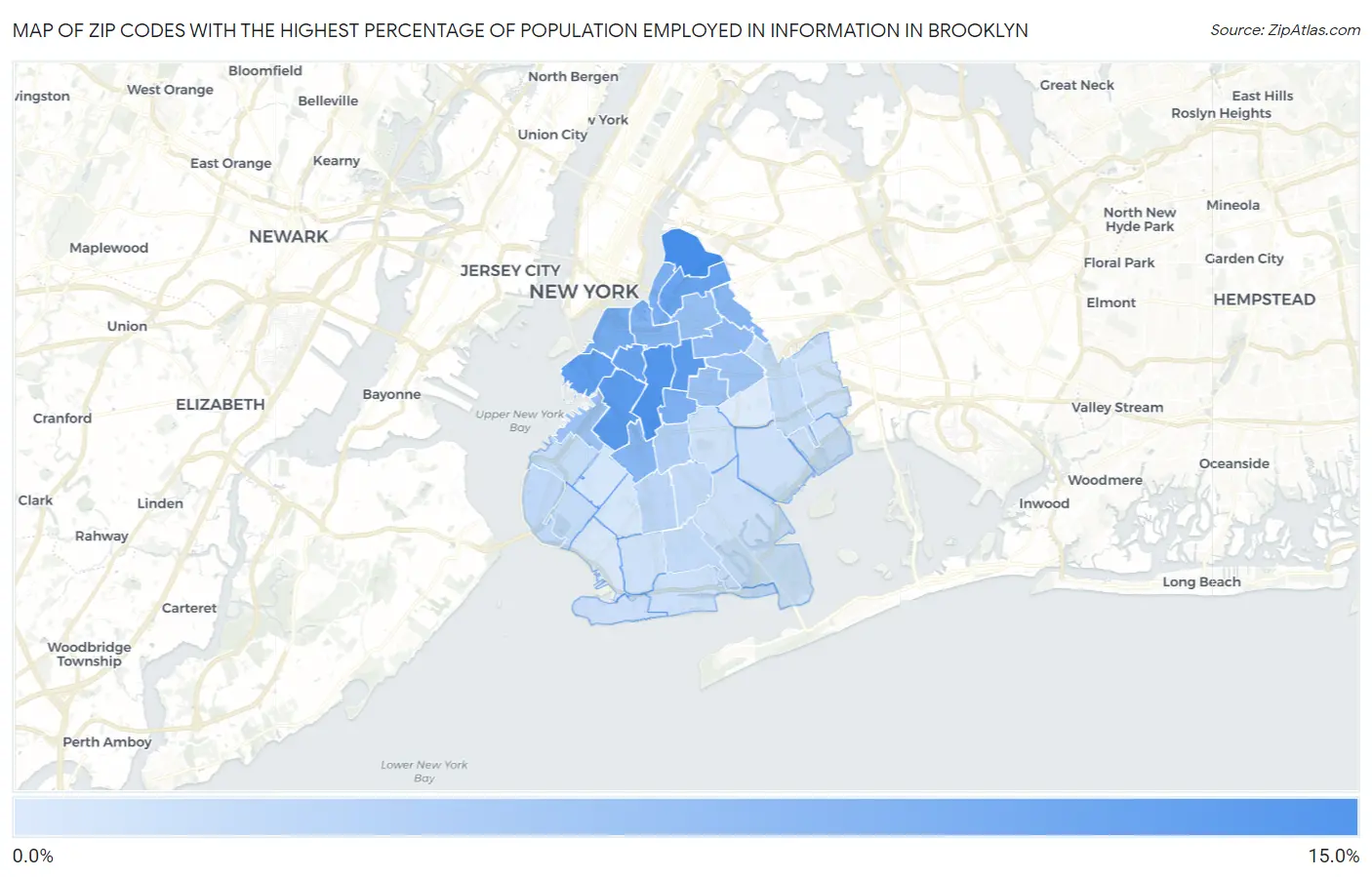 Zip Codes with the Highest Percentage of Population Employed in Information in Brooklyn Map