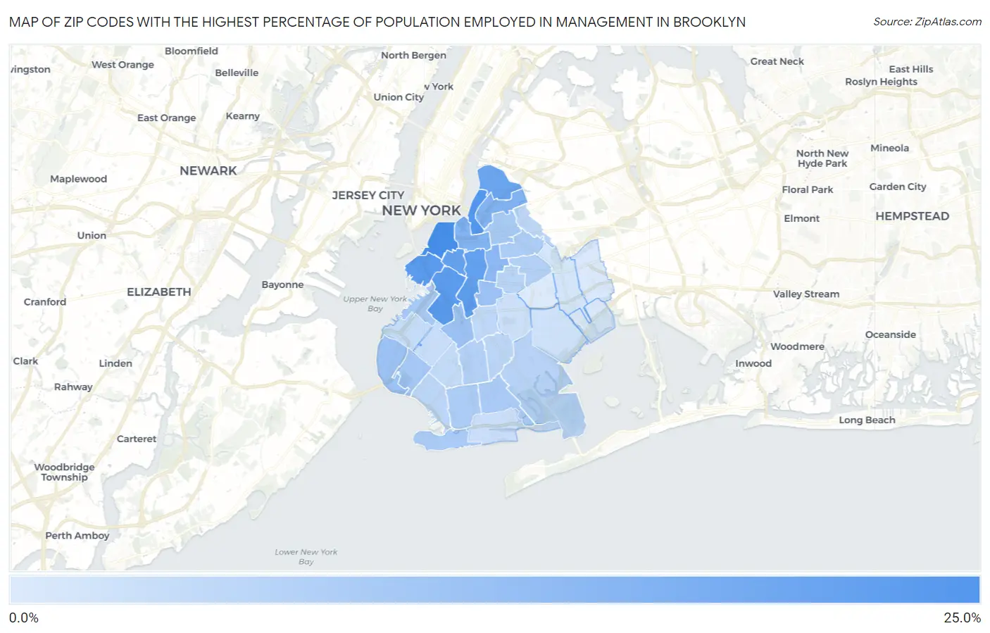 Zip Codes with the Highest Percentage of Population Employed in Management in Brooklyn Map