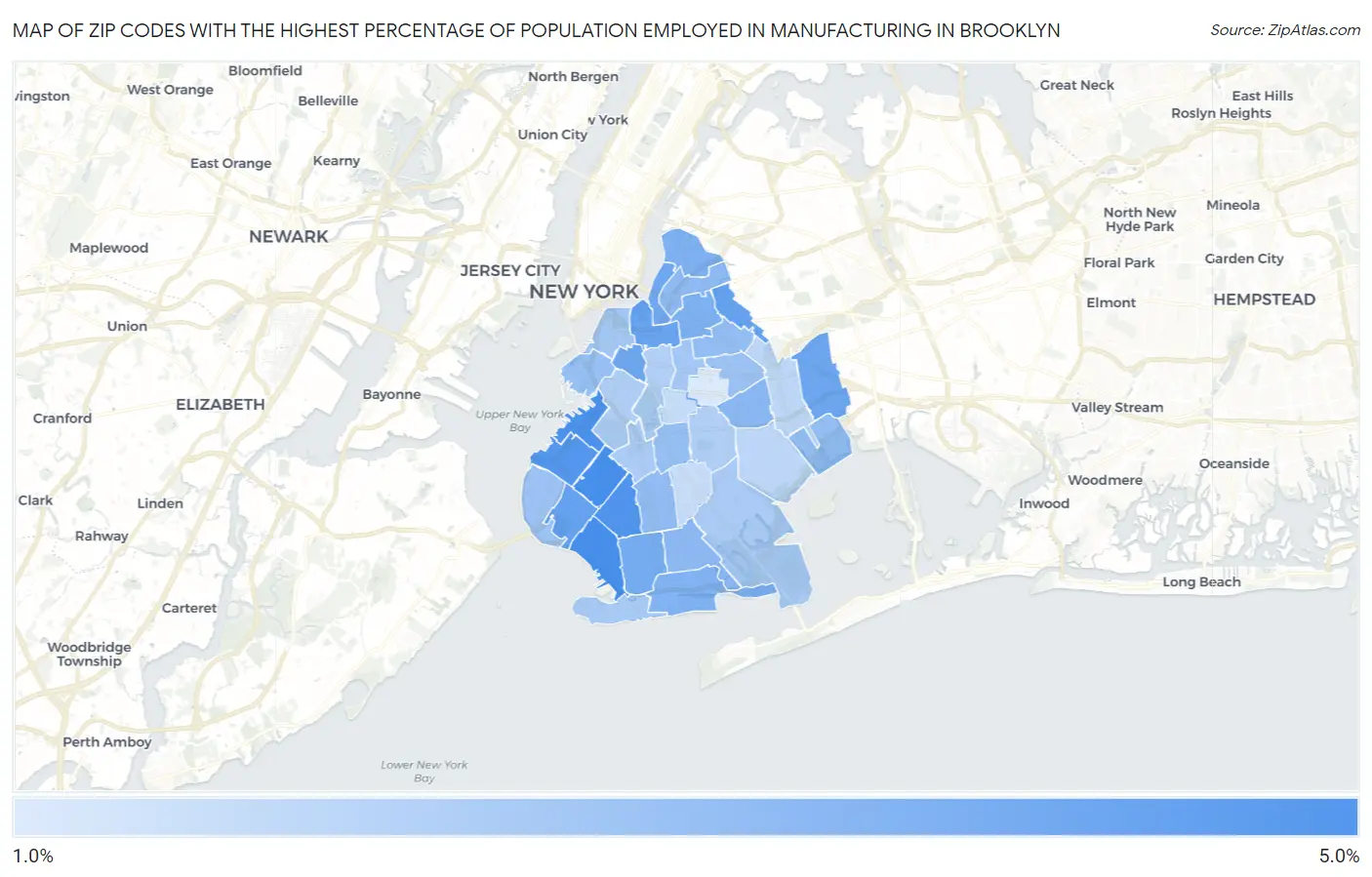 Zip Codes with the Highest Percentage of Population Employed in Manufacturing in Brooklyn Map
