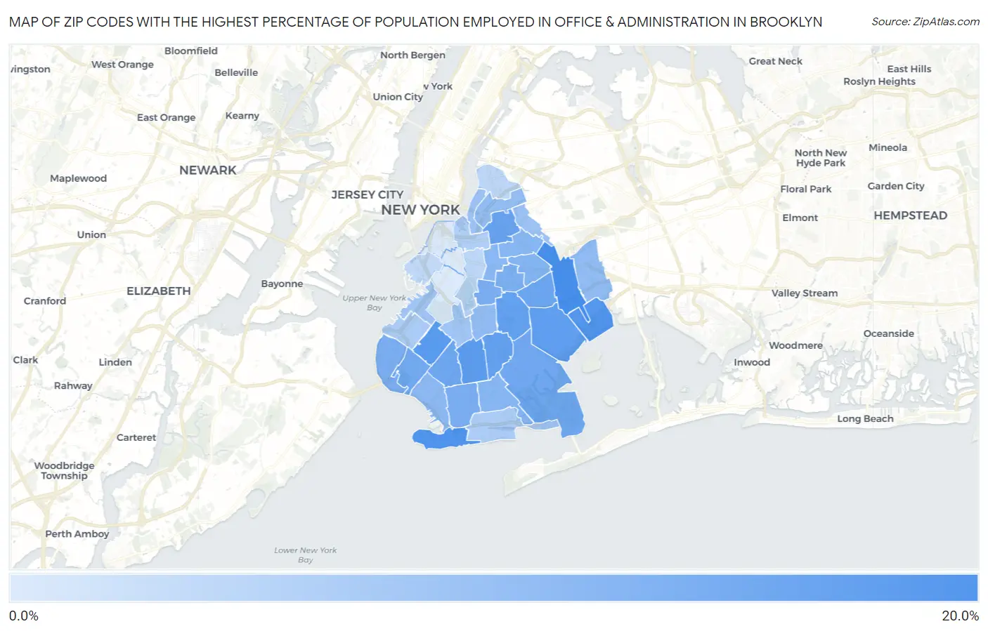 Zip Codes with the Highest Percentage of Population Employed in Office & Administration in Brooklyn Map