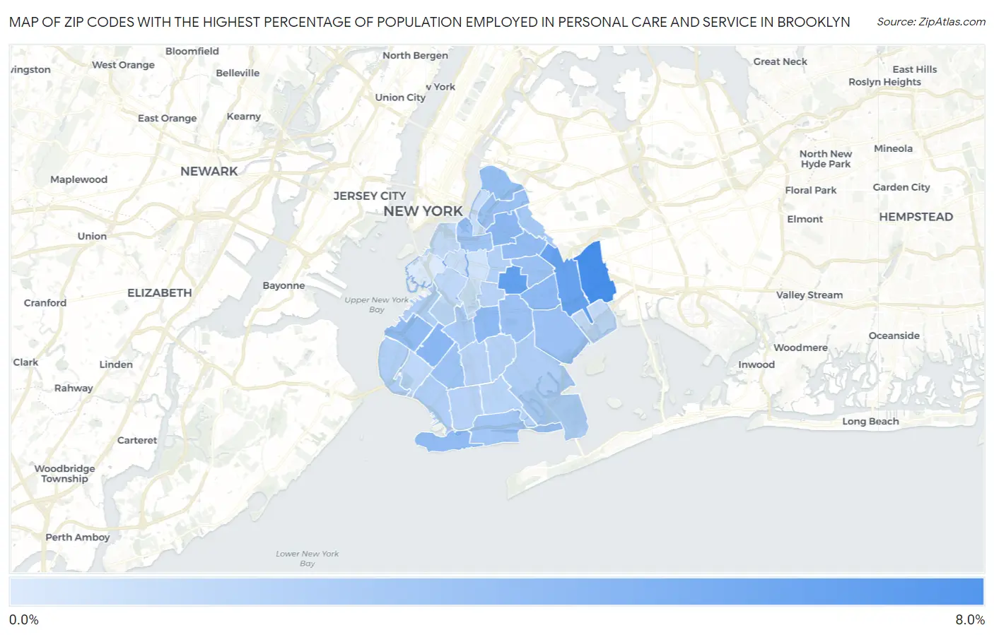 Zip Codes with the Highest Percentage of Population Employed in Personal Care and Service in Brooklyn Map