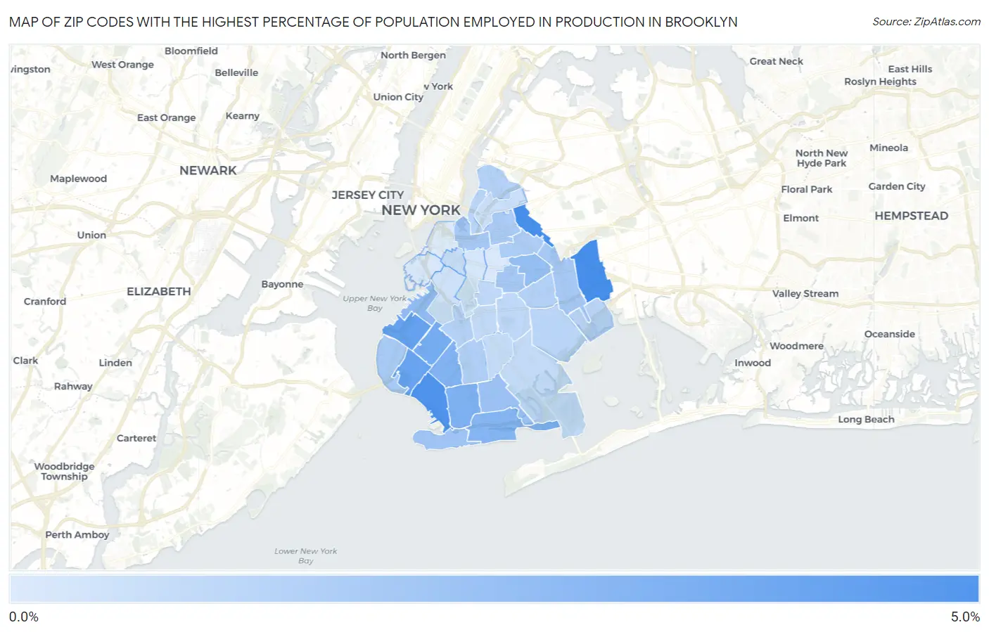 Zip Codes with the Highest Percentage of Population Employed in Production in Brooklyn Map