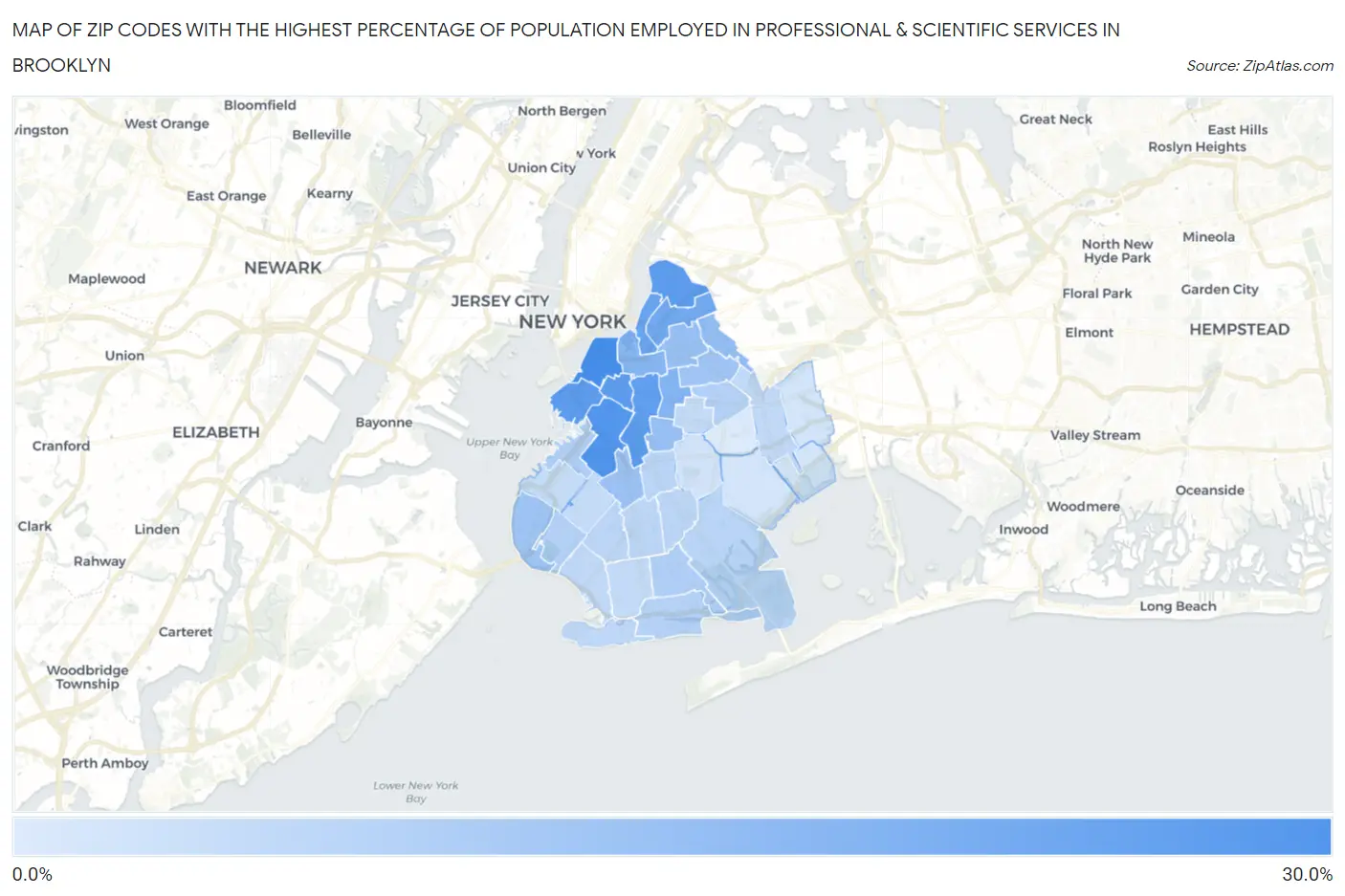 Zip Codes with the Highest Percentage of Population Employed in Professional & Scientific Services in Brooklyn Map