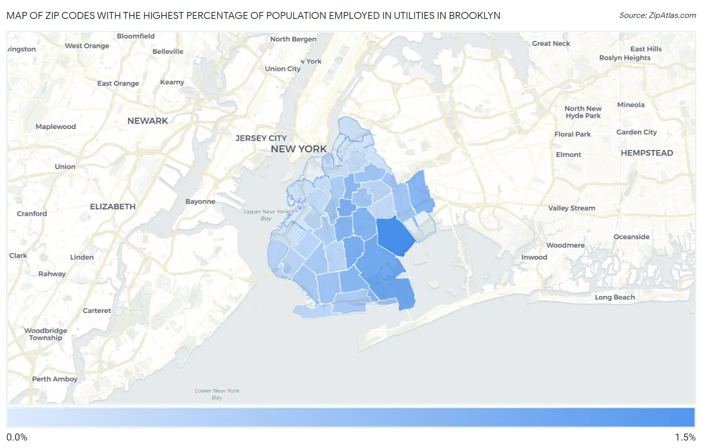 Zip Codes with the Highest Percentage of Population Employed in Utilities in Brooklyn Map