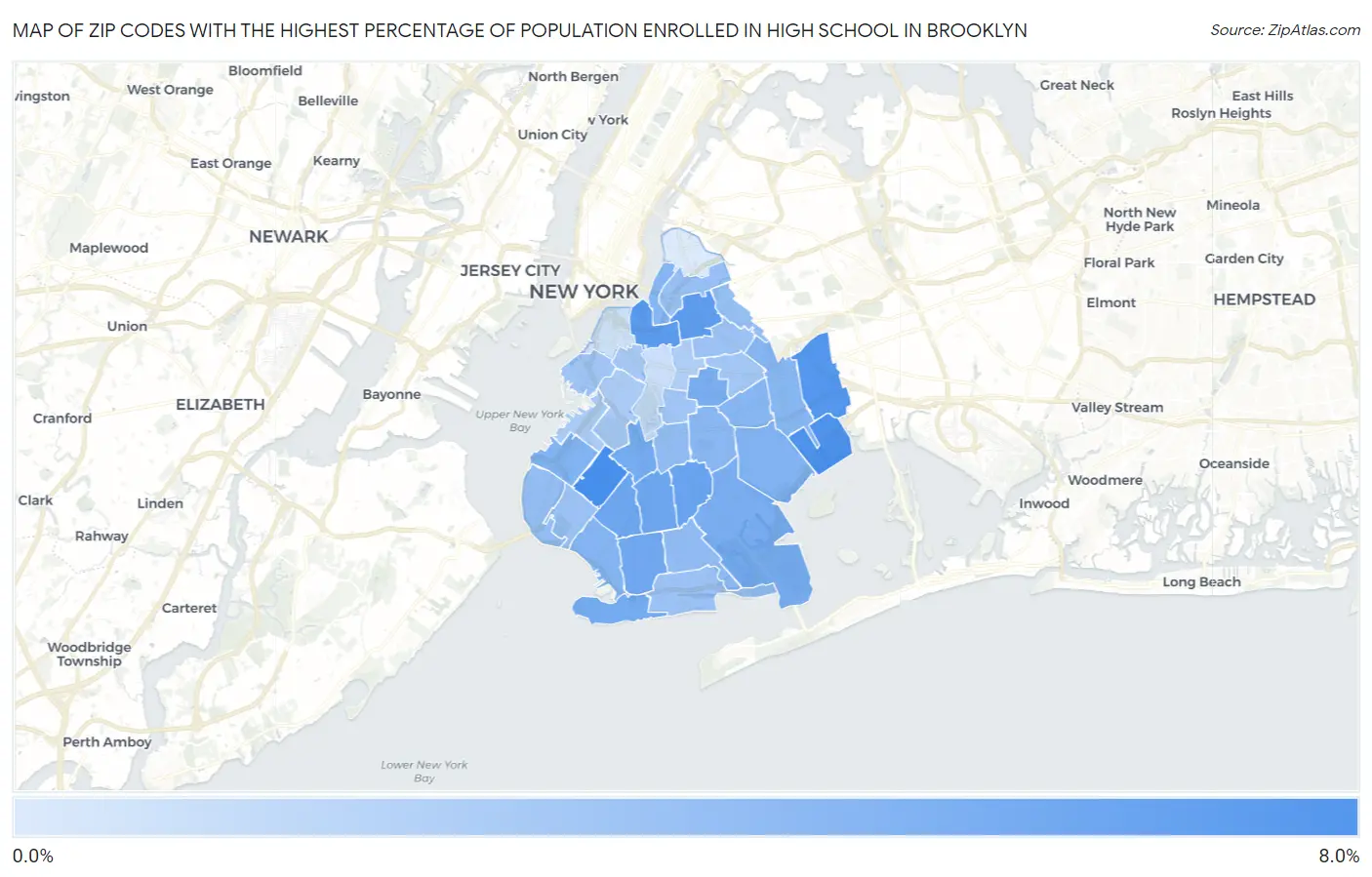 Zip Codes with the Highest Percentage of Population Enrolled in High School in Brooklyn Map