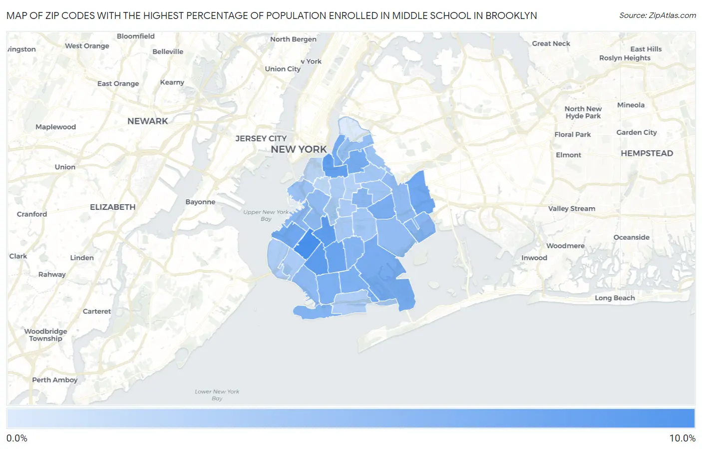 Zip Codes with the Highest Percentage of Population Enrolled in Middle School in Brooklyn Map