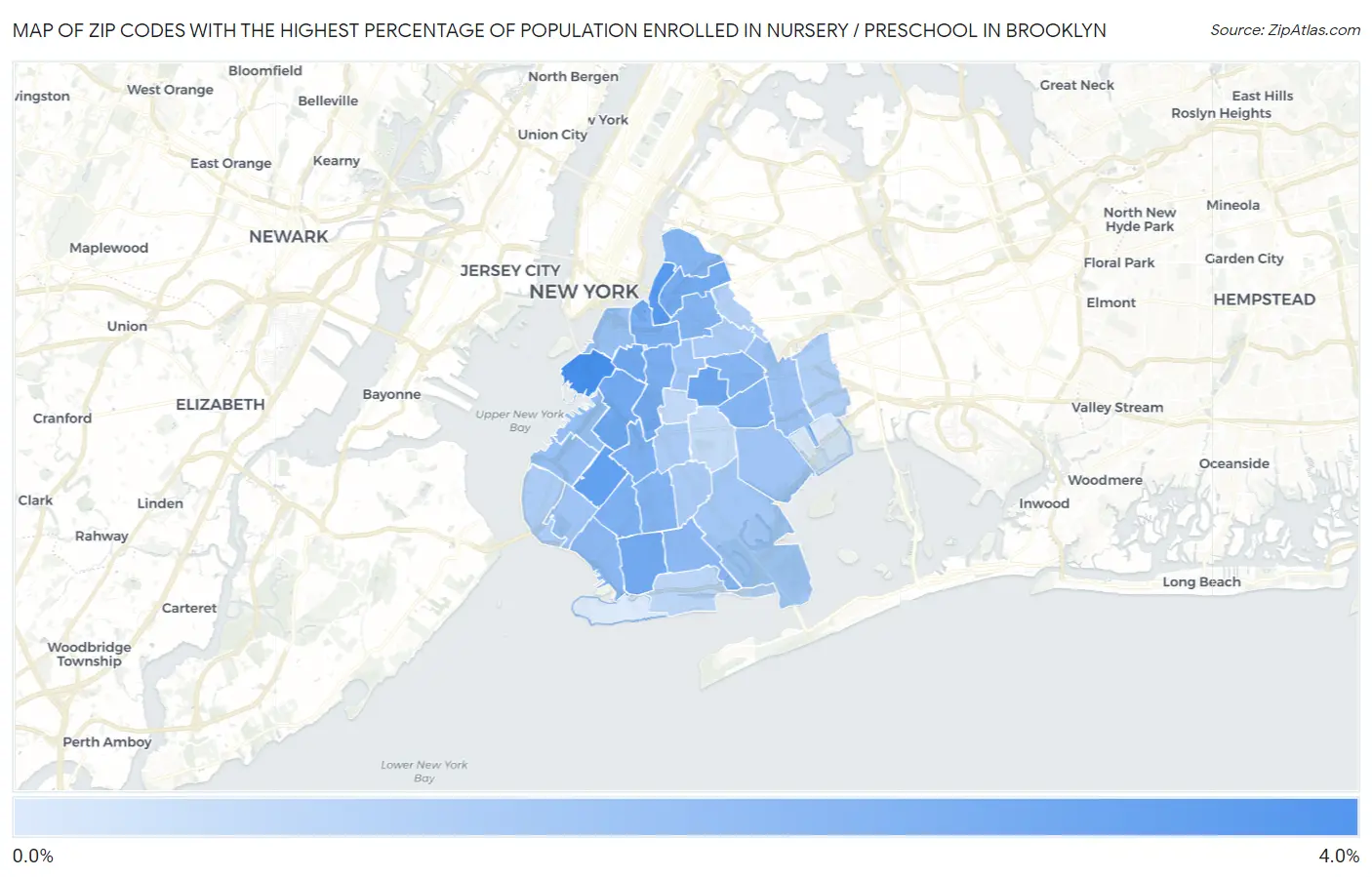 Zip Codes with the Highest Percentage of Population Enrolled in Nursery / Preschool in Brooklyn Map