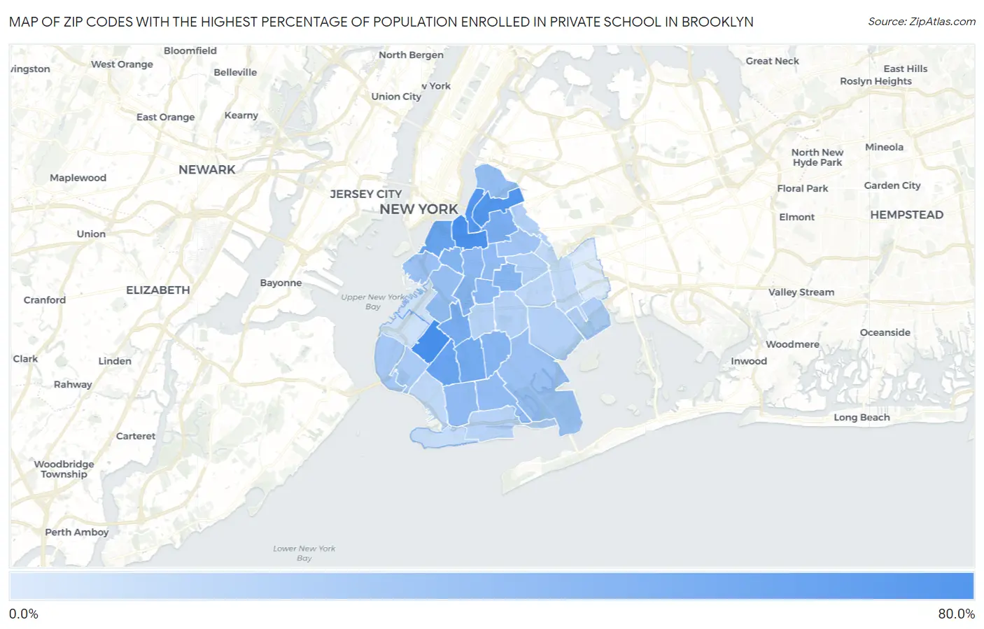 Zip Codes with the Highest Percentage of Population Enrolled in Private School in Brooklyn Map