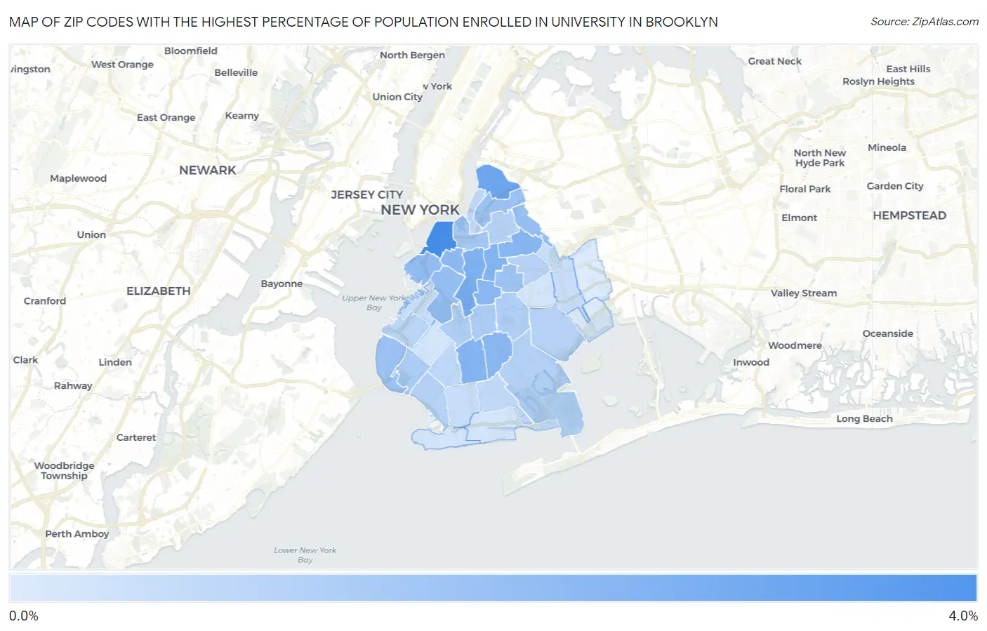 Zip Codes with the Highest Percentage of Population Enrolled in University in Brooklyn Map
