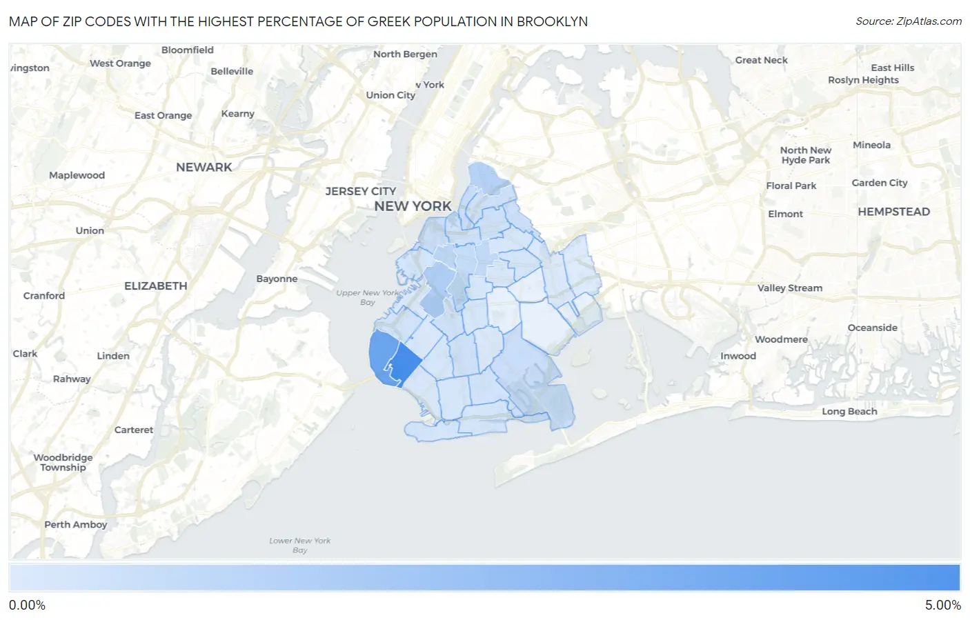 Zip Codes with the Highest Percentage of Greek Population in Brooklyn Map