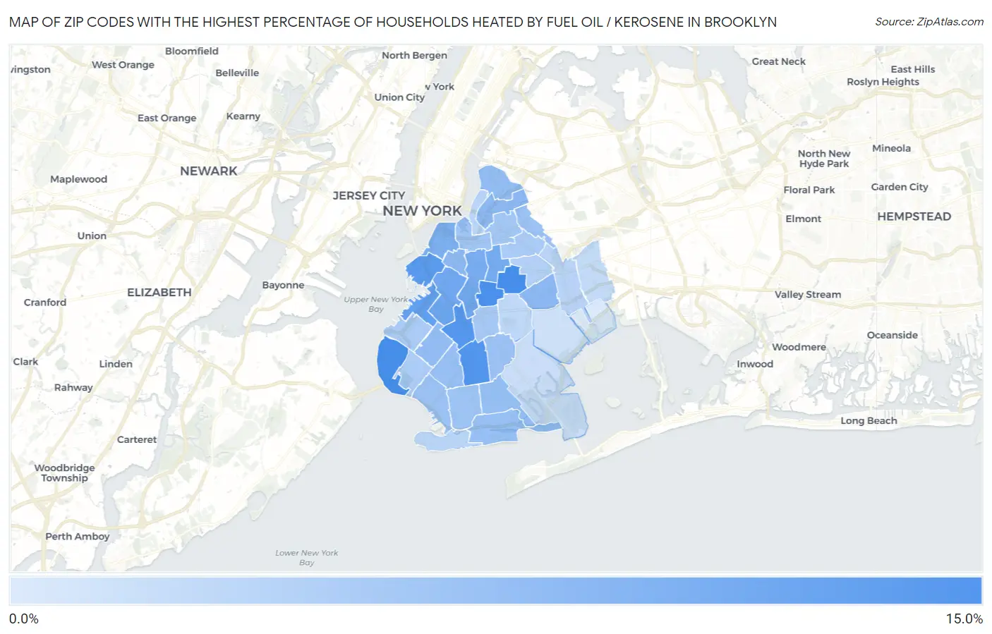 Zip Codes with the Highest Percentage of Households Heated by Fuel Oil / Kerosene in Brooklyn Map