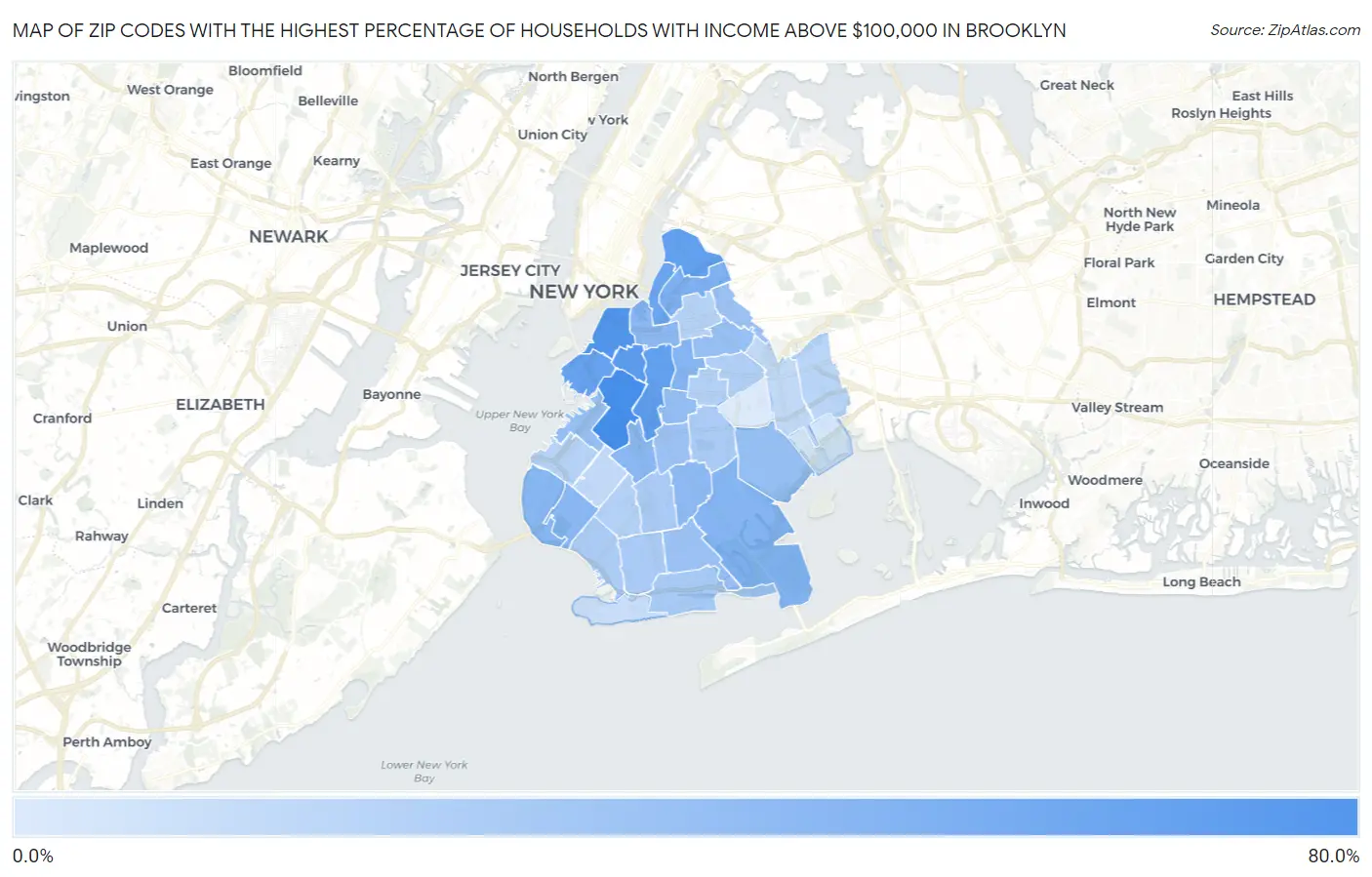 Zip Codes with the Highest Percentage of Households with Income Above $100,000 in Brooklyn Map