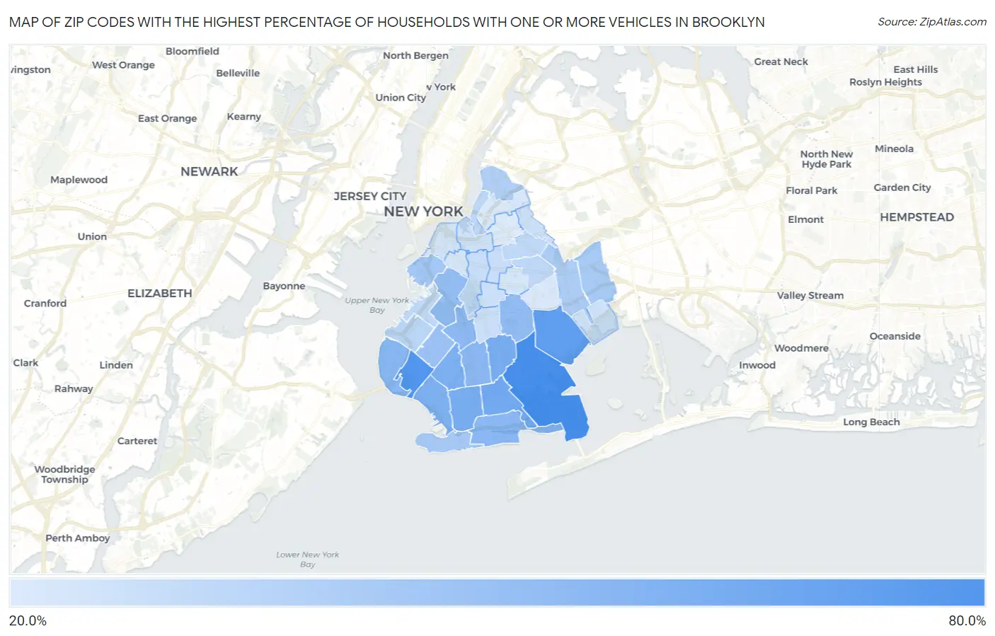 Zip Codes with the Highest Percentage of Households With One or more Vehicles in Brooklyn Map