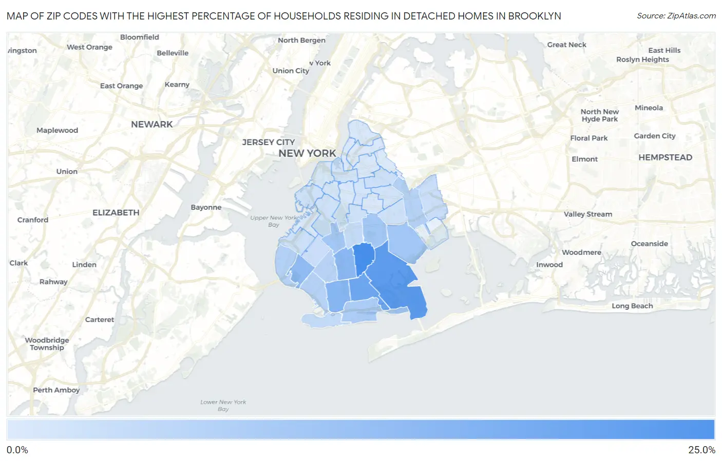 Zip Codes with the Highest Percentage of Households Residing in Detached Homes in Brooklyn Map